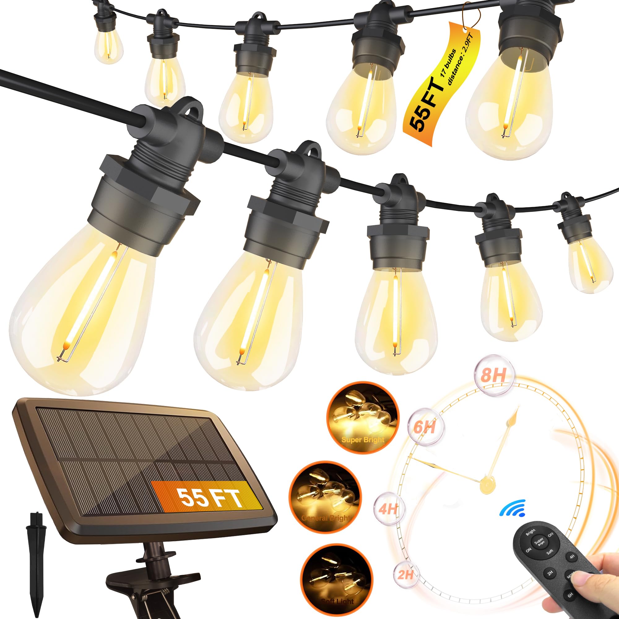 Stright Solar String Lights, 55FT 17 Sockets, Warm White Dimmable LED Bulbs, Remote Control, USB Charging, Model S260-E12S14