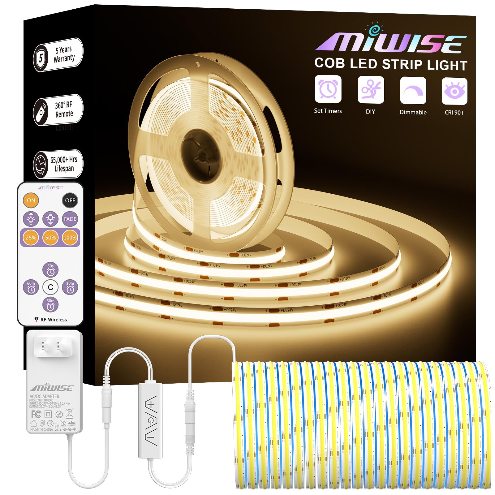 MIWISE COB LED Strip,3000K Warm White 20ft/6.1m,Dimmable Super Bright 24V LED Strip Light,CRI 90+ Flexible Tape Light with RF Re