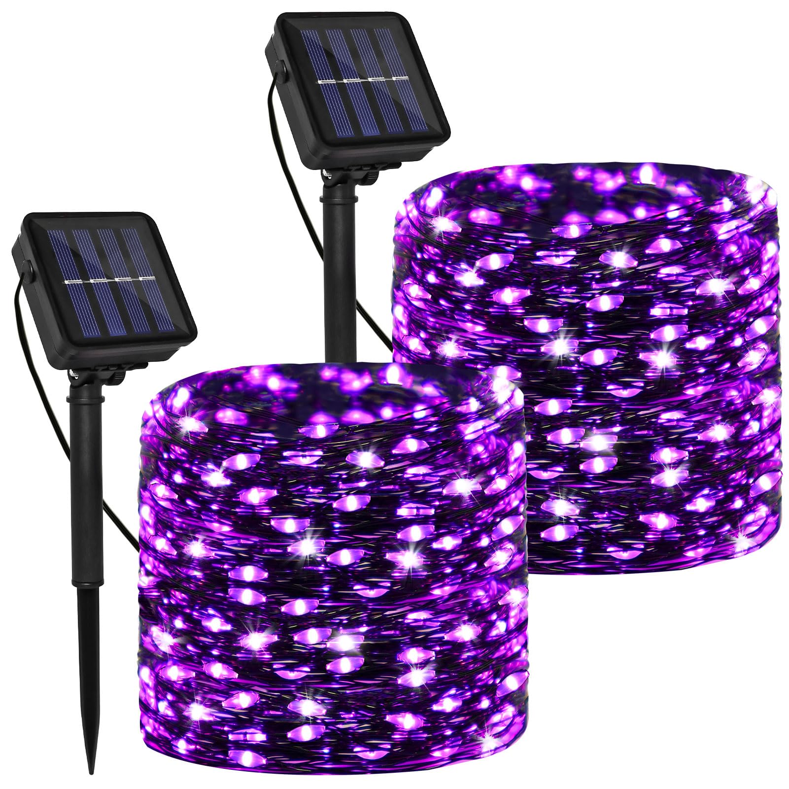 DAYLIGHTIR Solar Powered String Lights, 200 LED, 66FT, 8 Modes, Purple, 2 Pack for Halloween, Garden, Patio, Party, Christmas