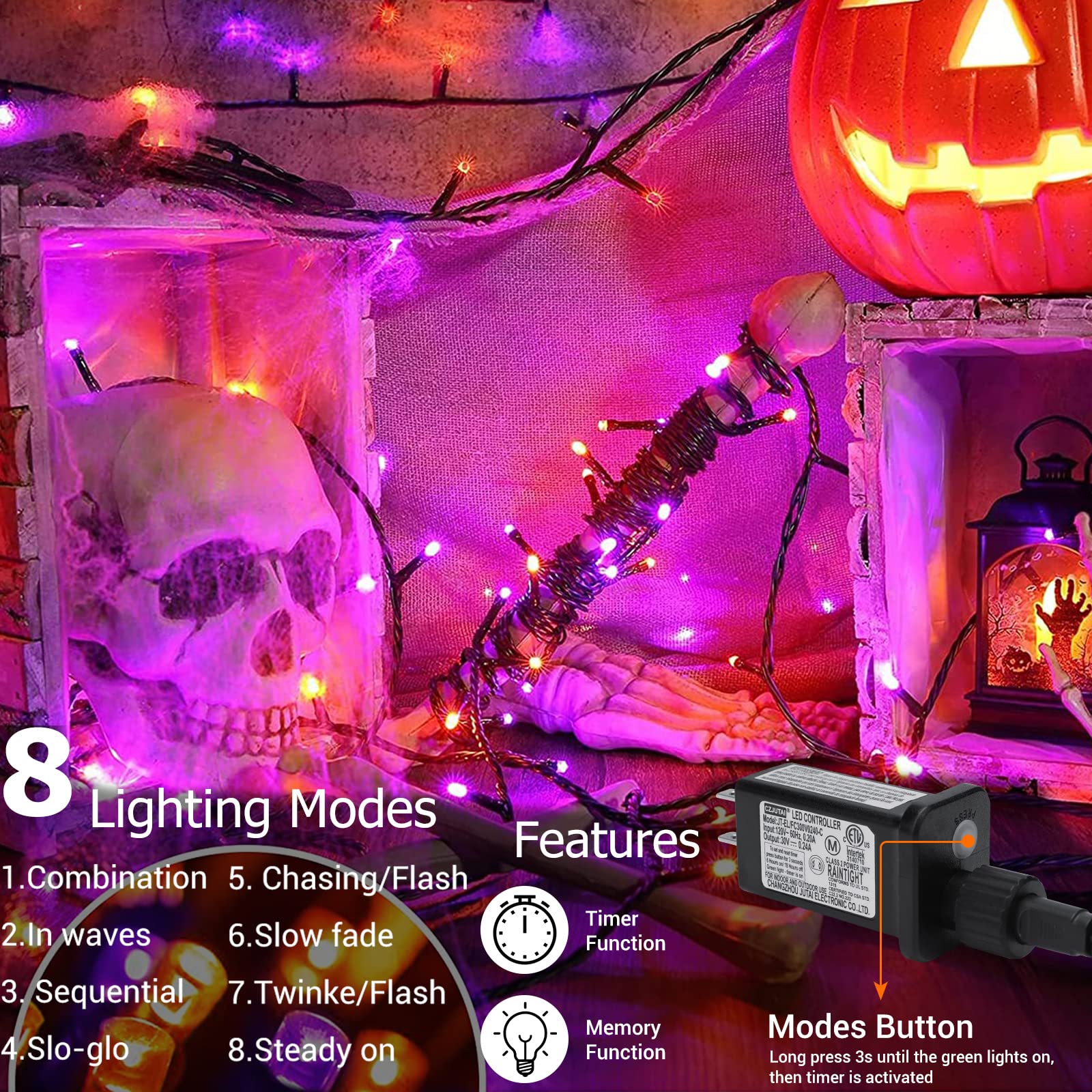 Joomer Halloween String Lights 100FT 300 LED Waterproof Plug-In Orange Purple with 8 Modes Timer for Indoor Outdoor Decorations