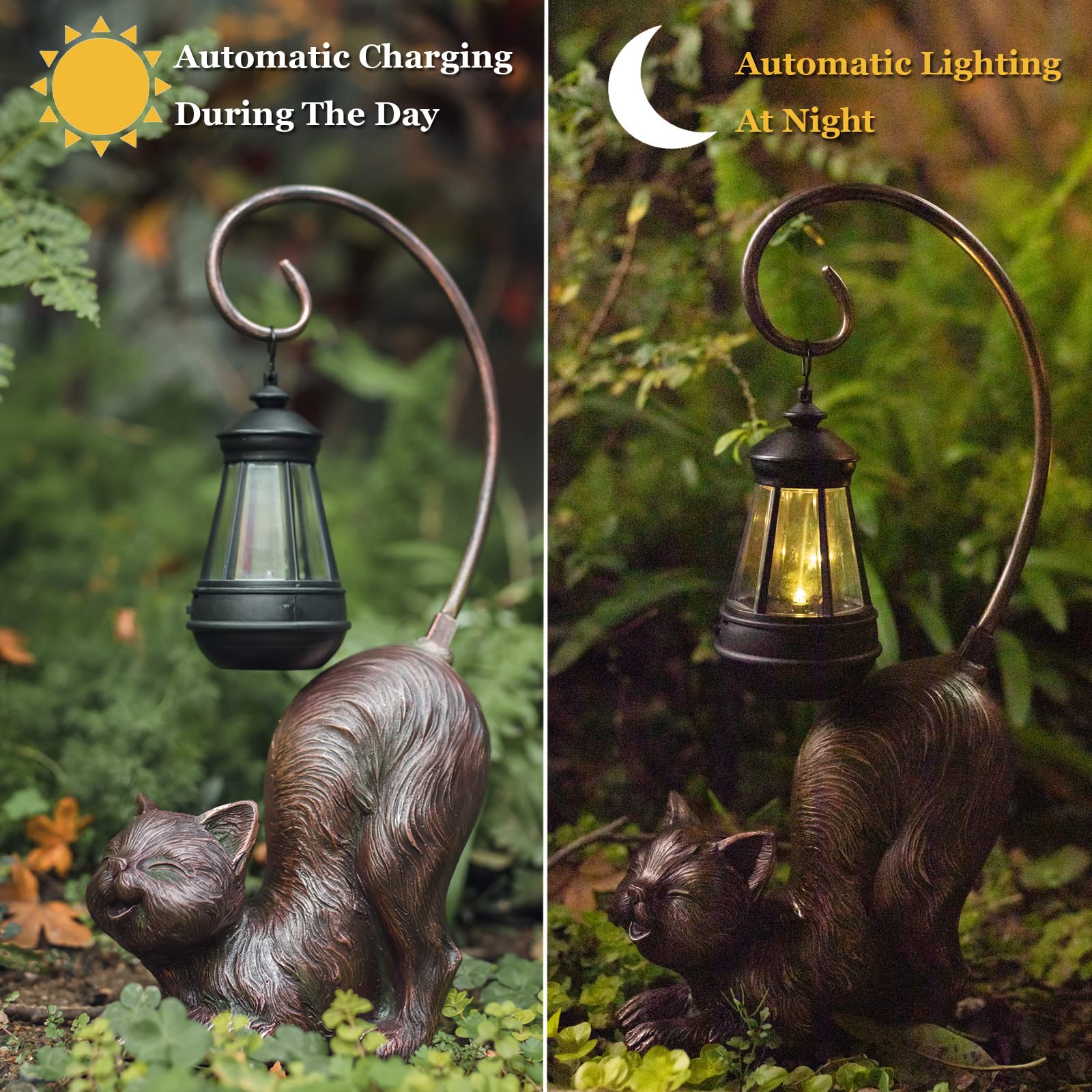 Hapyard Laughing Cat Figurine With Solar-Powered Led Light, 15.7 Inches Tall Antique Bronze, Perfect For Gift Garden Decor Or Housewarming For Cat Lovers.