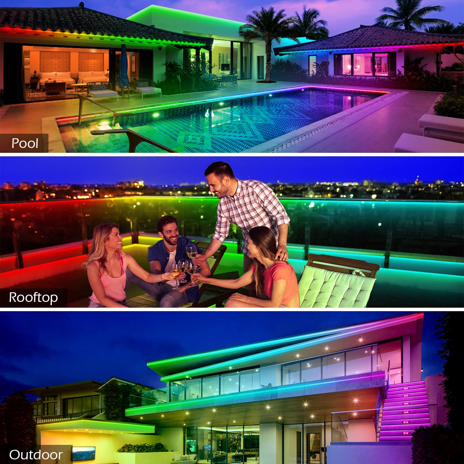 AILBTON 100ft Outdoor LED Strip Lights, Waterproof IP65, Bluetooth App Control, Multicolor Music Sync, Ideal for Balcony, Garden, Pool