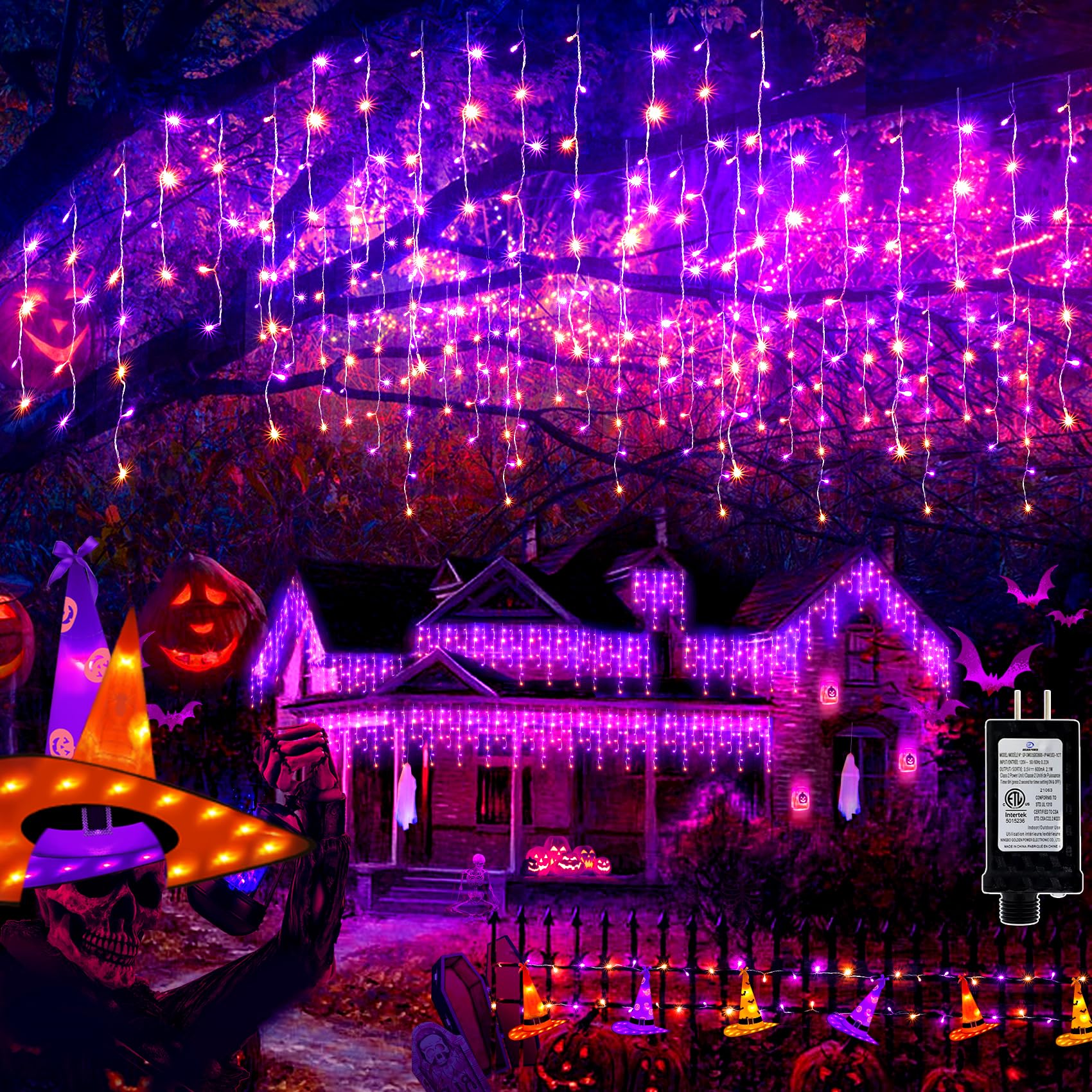480 LED 49FT Halloween Lights Plug in 8 Modes with Timer Dimmable Halloween Decorations Outdoor Waterproof Indoor Curtain String