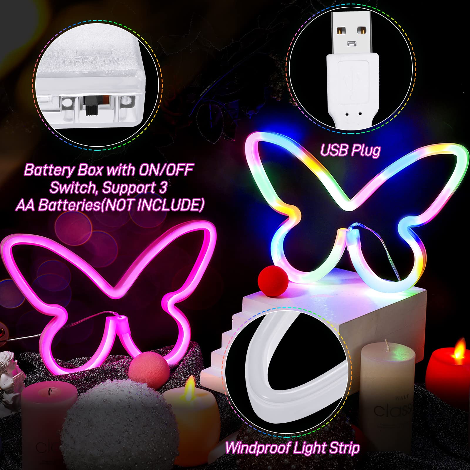 Riakrum Butterfly Neon LED Light Decor - 2 Pcs, USB Powered, Pink & Colorful, Model: Riakrum-Butterfly LED Light-781