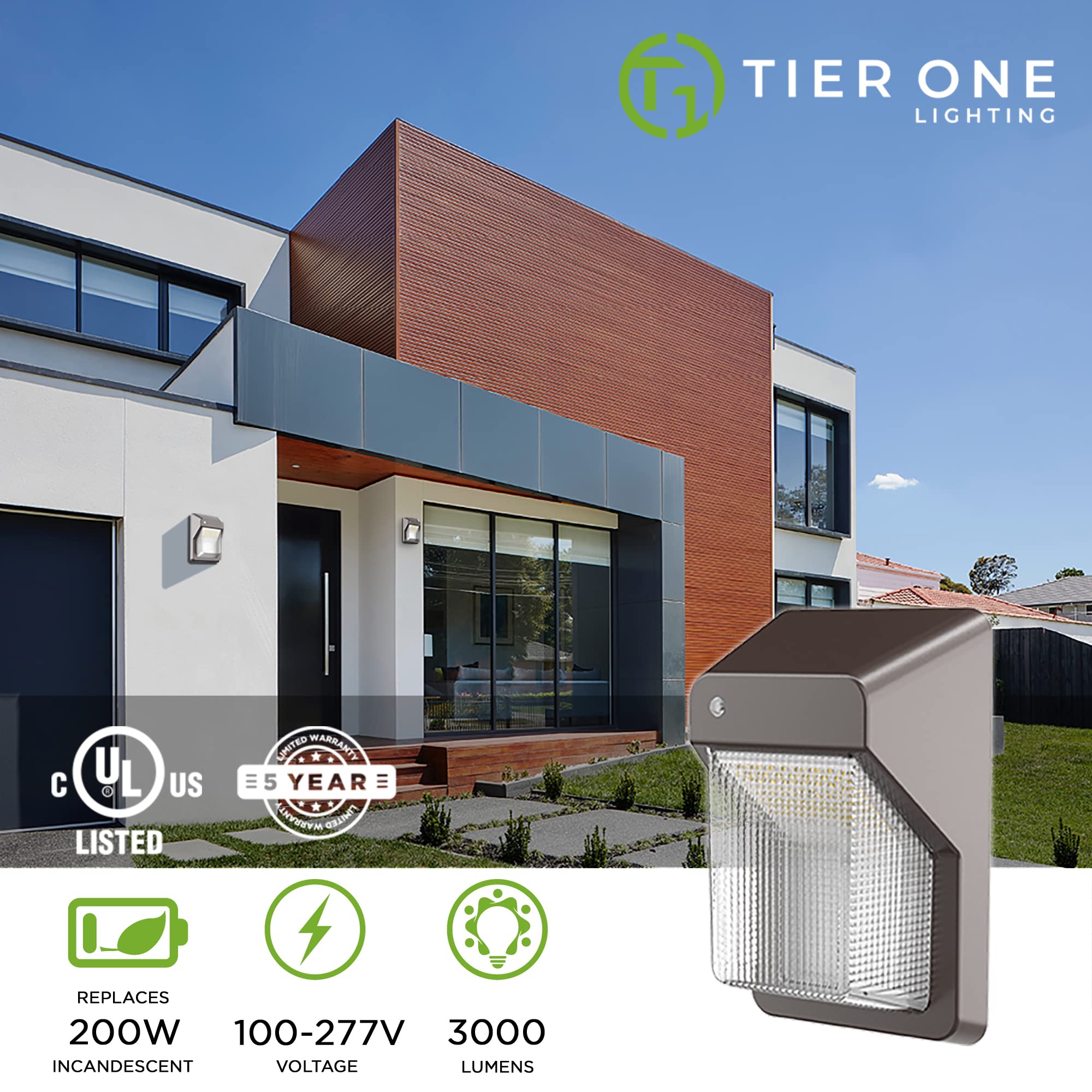 TIERONE LED Wall Pack Light 28W 3000LM Dusk-to-Dawn Outdoor Security Lighting 4000K Bronze 2PK UL Listed Model LMS-WL-30W-2