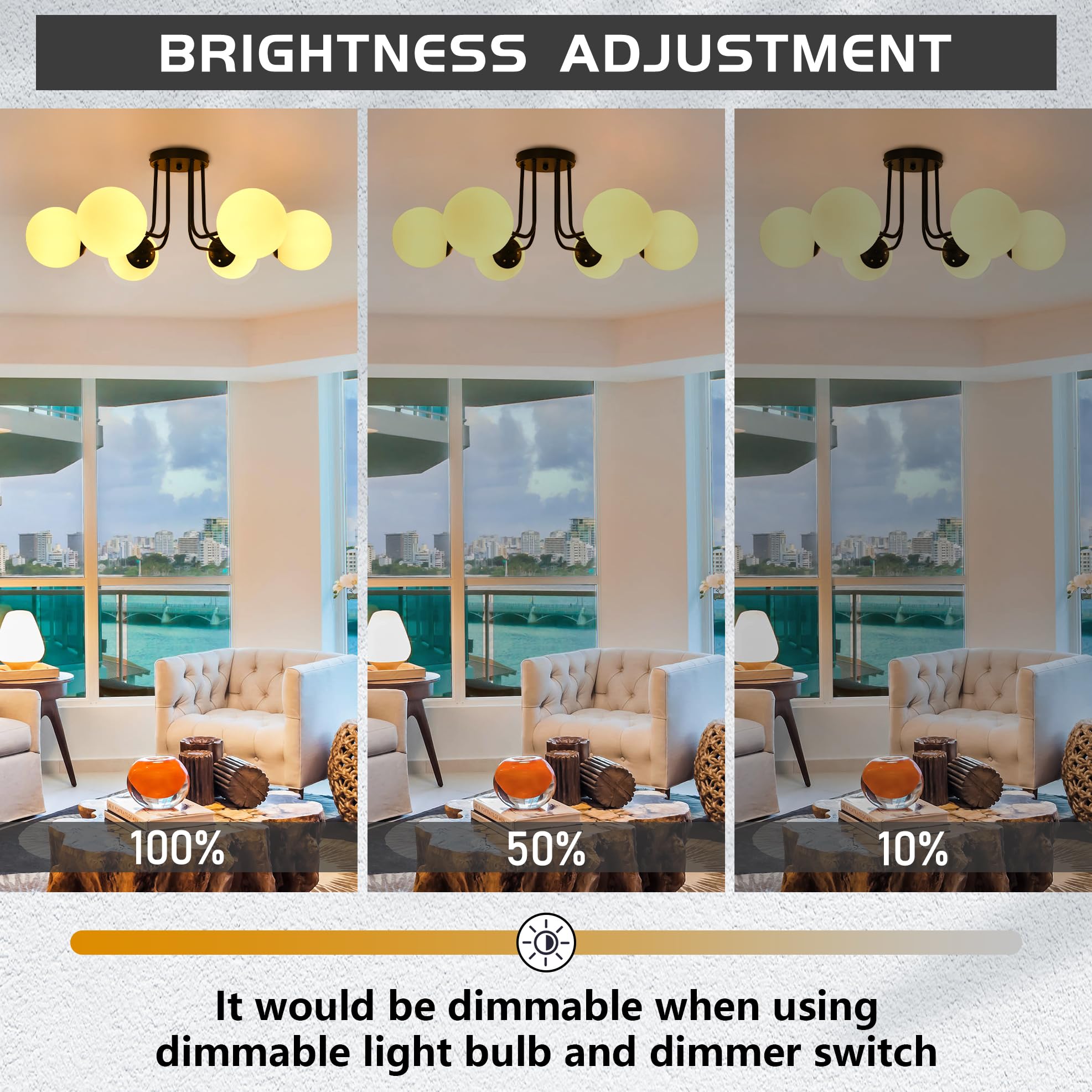 Koko&Yukina 6-Light Modern Semi Flush Mount Ceiling Light Fixture Mid Century Ceiling Light Globe Ceiling Light With Milk Glass