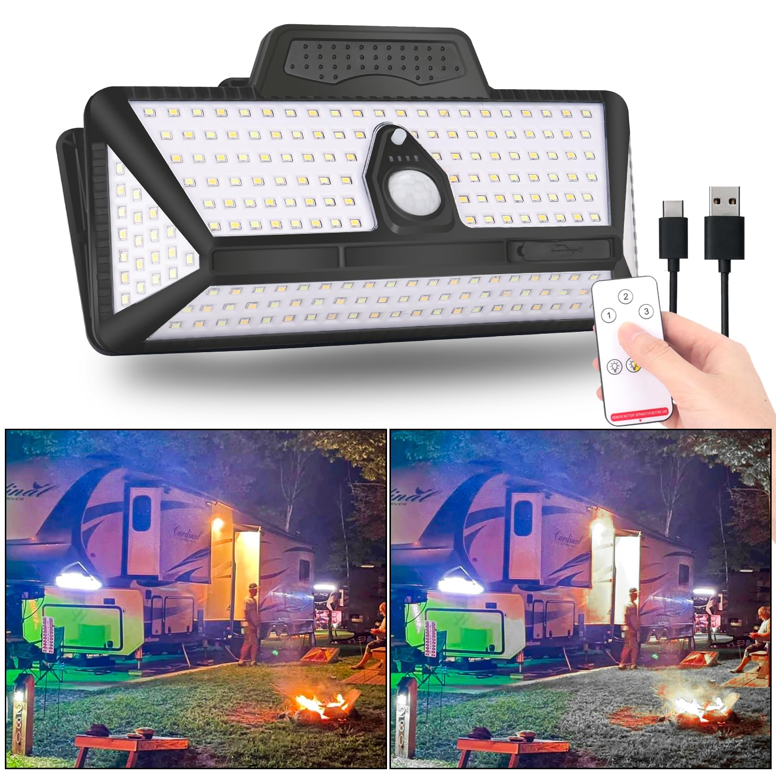 Chelhead Solar RV Exterior Light, 208 LED Amber White, Motion Activated, Remote Control, 9 Inch, ABS Plastic, Model CHEL-SOLARLIGHT-001