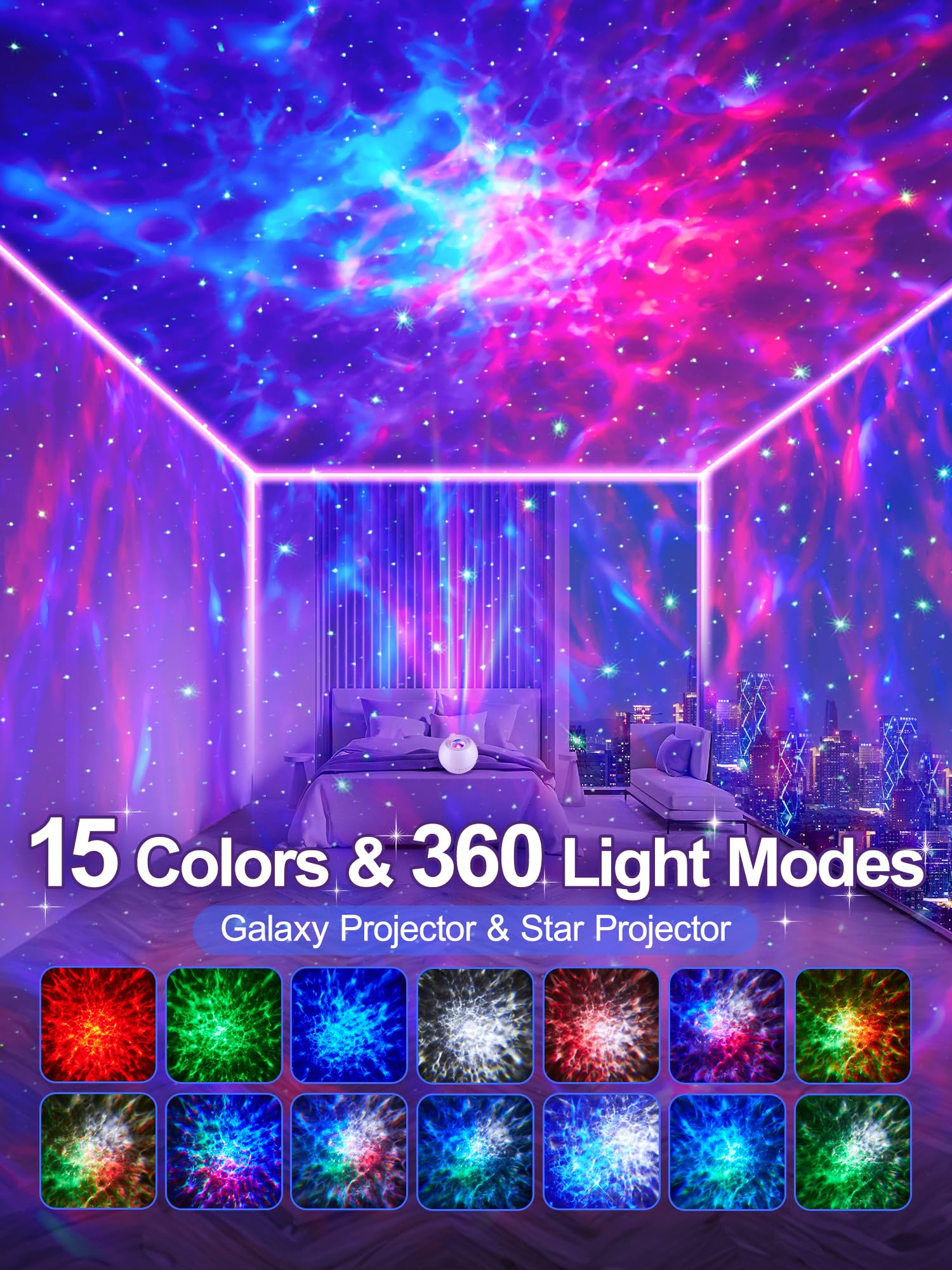 One Fire Star Projector Galaxy Light - 15 Colors, Bluetooth, White, Model WH-E14A, Perfect for Kids & Teen Room Decor