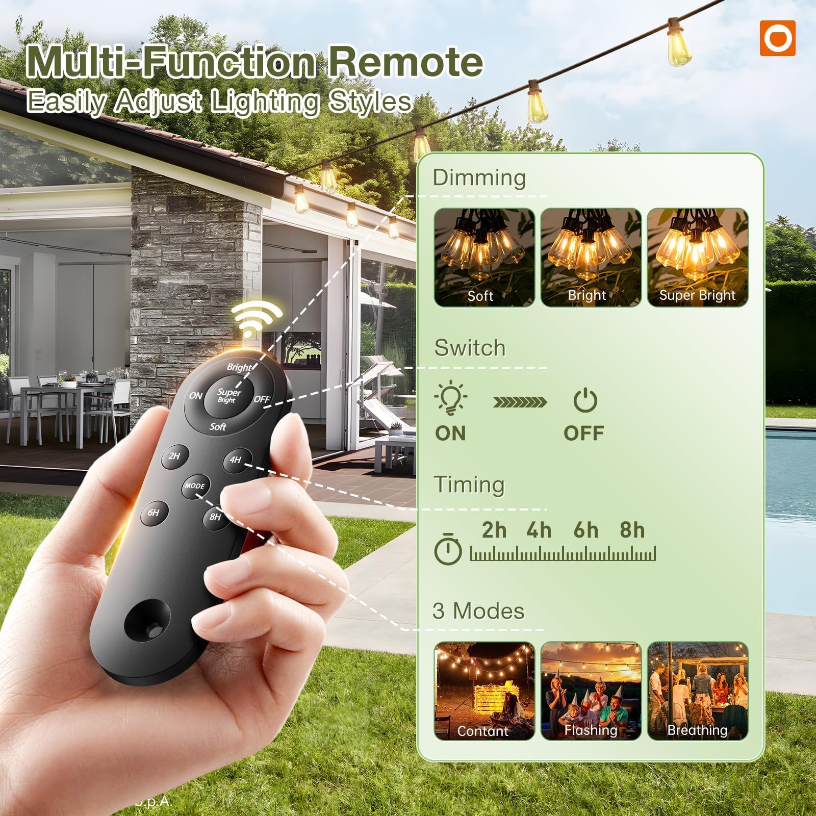 Addlon 54(48+6) Ft Solar String Lights Waterproof,Patio Lights Solar Powered With Remote& Usb Port 24+2 Led Shatterproof Bulbs 3