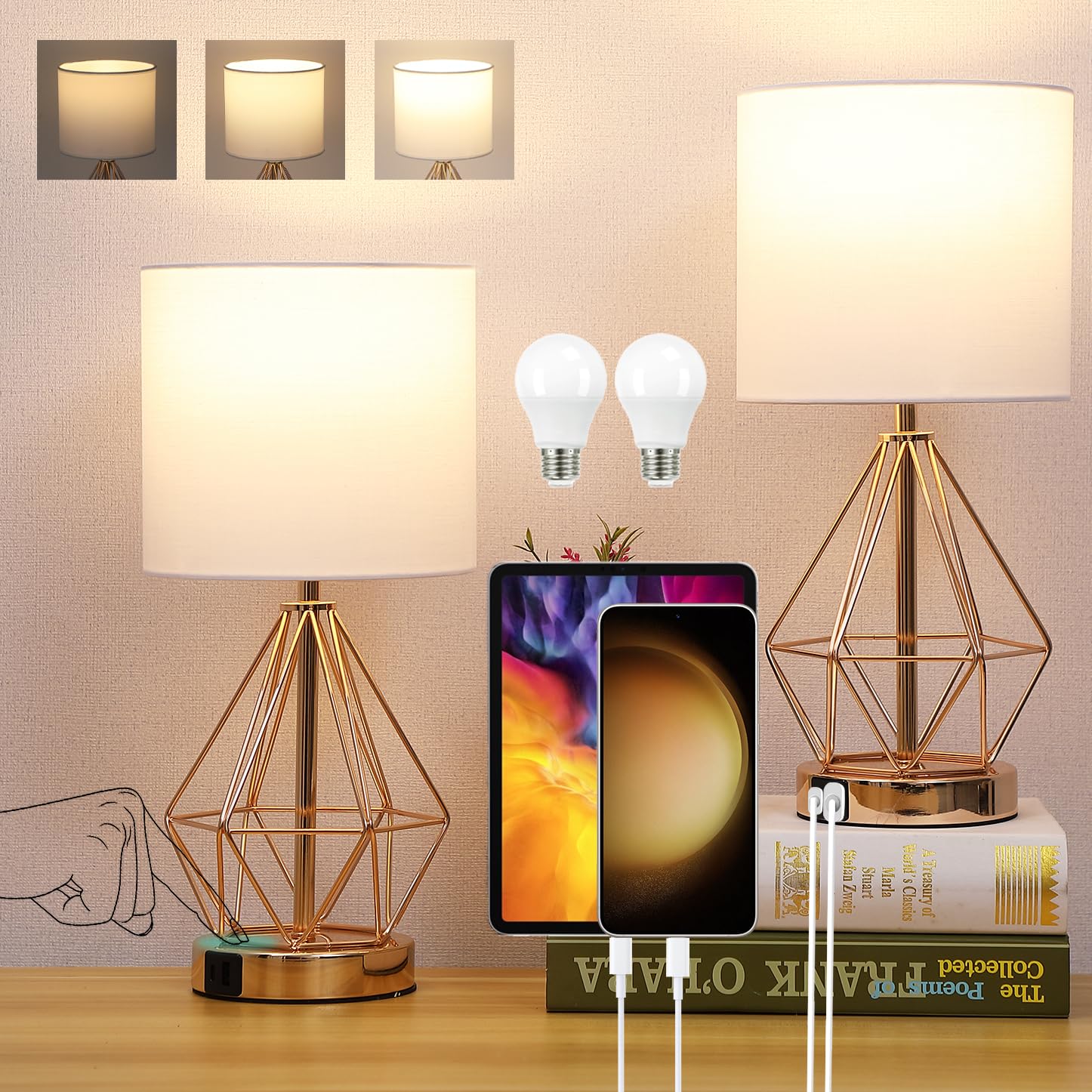 Gold Bedroom Lamps Set of 2, 3 Way Dimmable Touch Table Lamp with USB A+ C Port, Modern Small Lamp for Nightstand with Fabric Sh