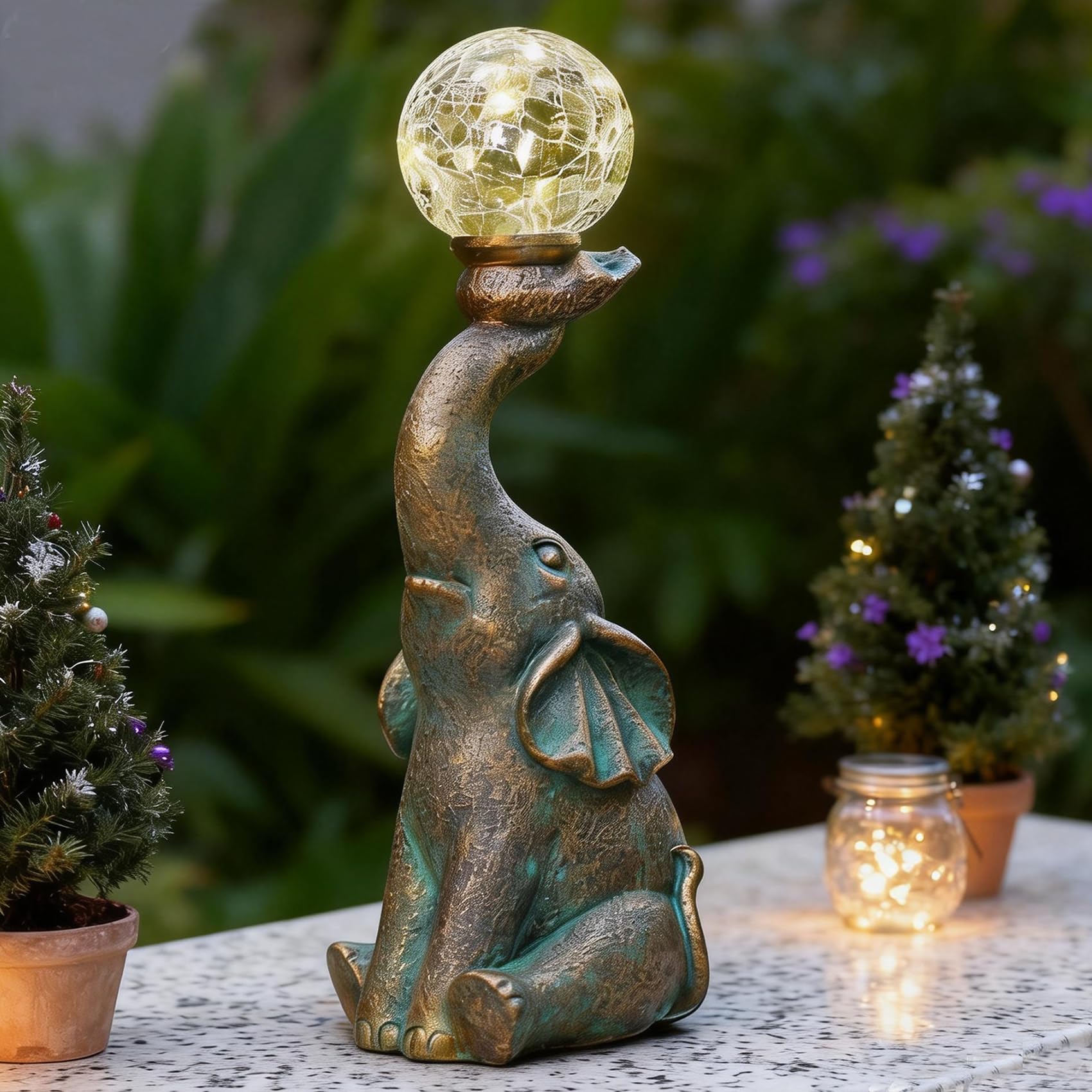 zuzuzen Solar Outdoor Elephant Statue Gifts Garden Decoration Lights with 8 LED Crackle Ball, Lucky Elephant Sculpture for Yard 