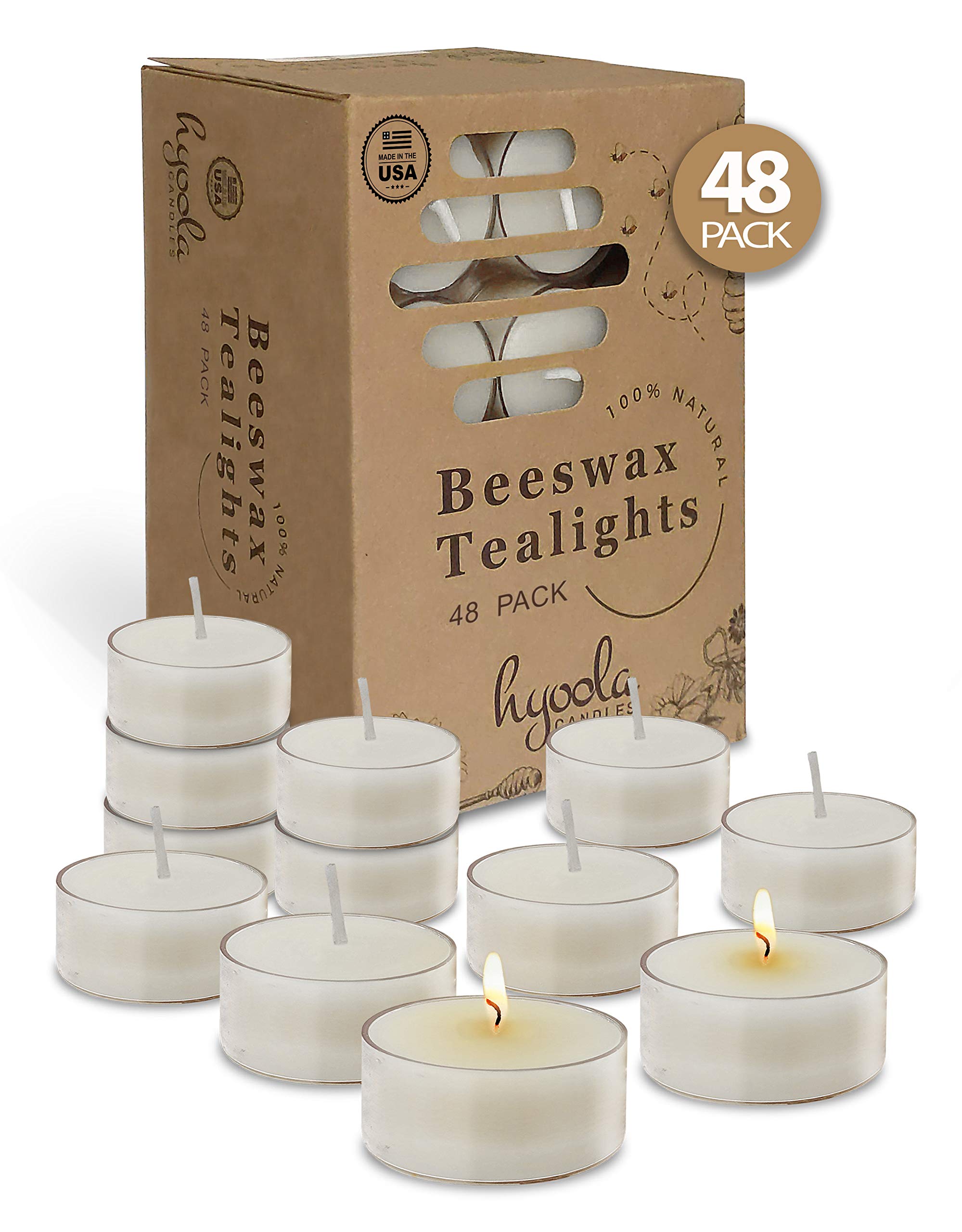 White Beeswax Tea Light Candles - 48 Pack - Decorative Unscented Natural Tealight Candles For Home, Centerpieces - 4 Hour Burn Time, Clear Cup - By Hyoola