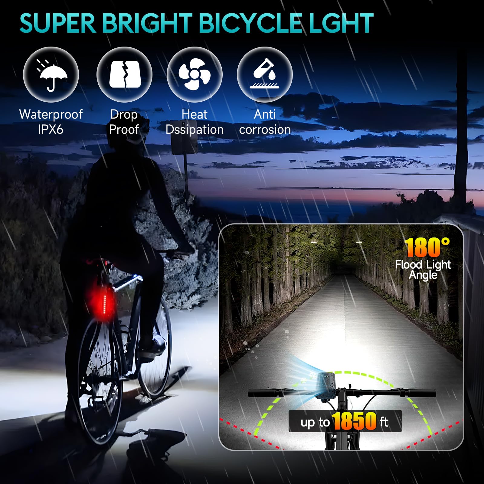 Buktailty 6 LED Bike Light, 5800 Lumens, Rechargeable Aluminum, 10 Modes, Waterproof, Black, Model KX7-X