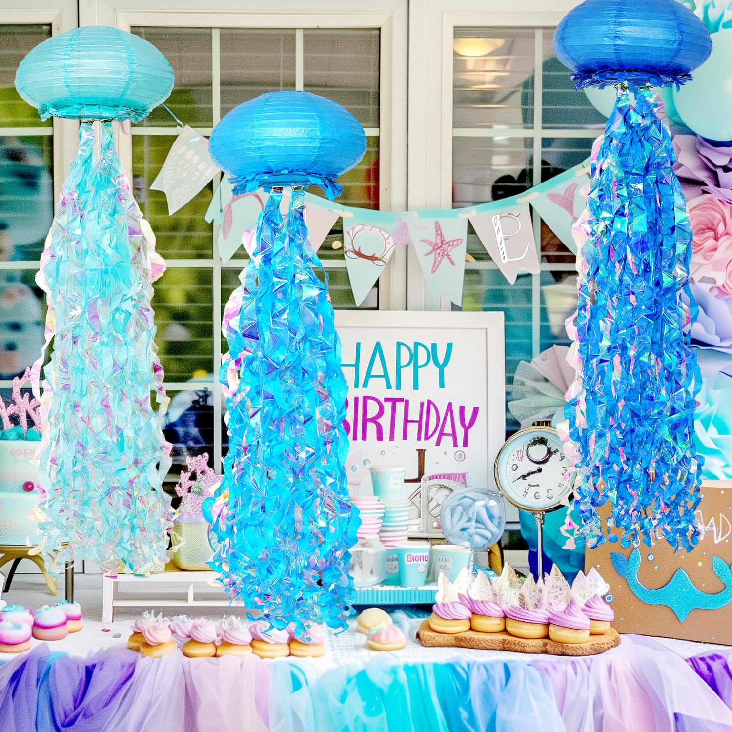 Obxt 10'' Blue Jellyfish Paper Lanterns - Under The Sea Birthday & Mermaid Party Decorations, Ocean And Beach Theme Indoor Outdo