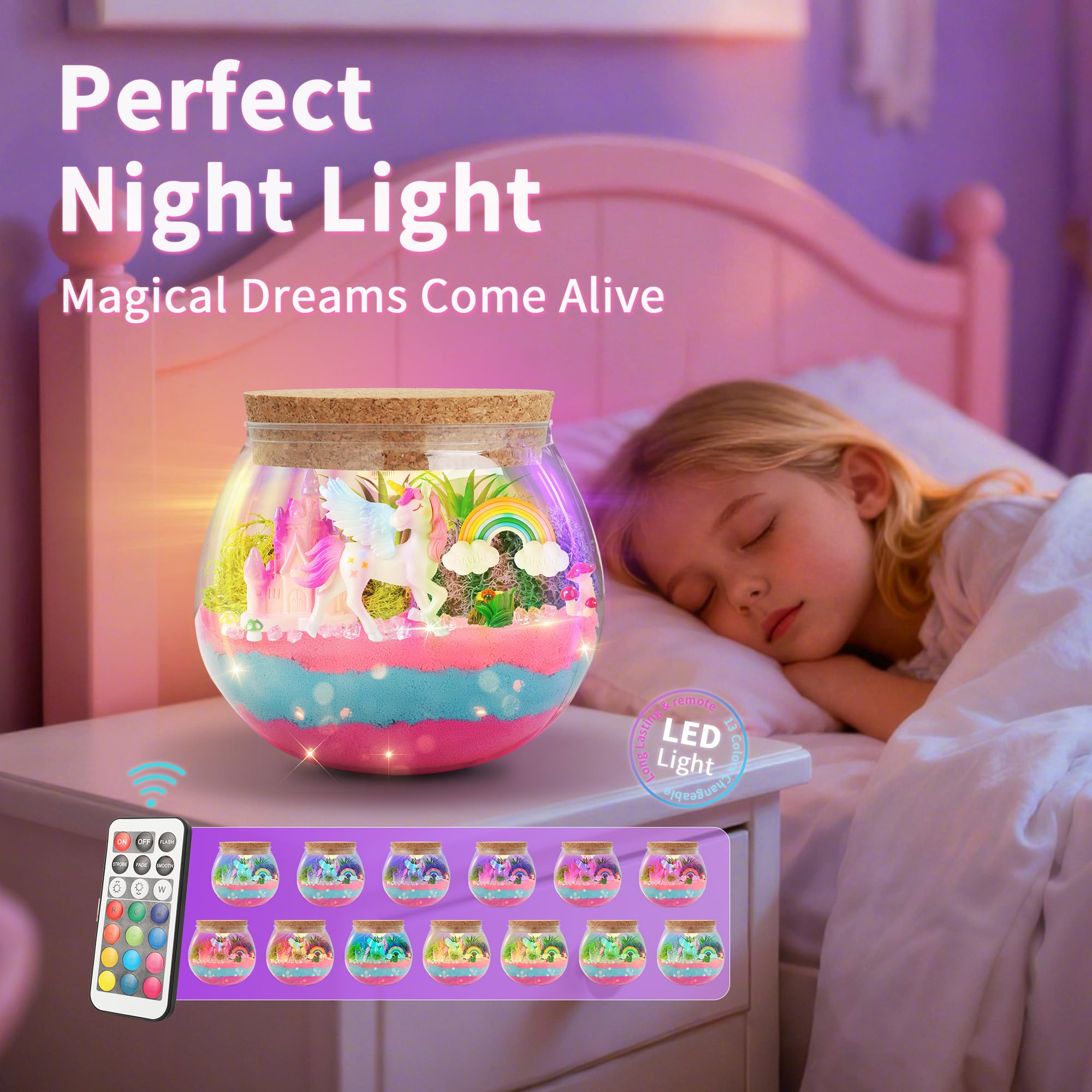 KACHUAN BEAR Unicorn Light-Up Terrarium Kit - DIY Craft with Stickers, 5.12" Pink, Ages 4-12, Model XS-002, LED Birthday Gift