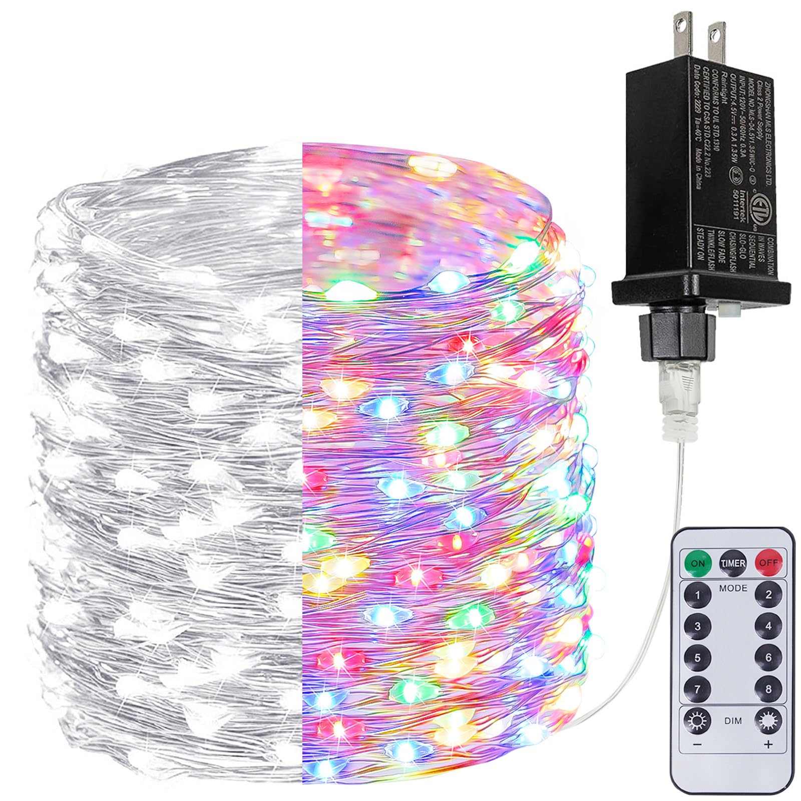 BHCLIGHT 200LED Christmas Fairy Lights, Cool White & Multicolor, Waterproof, Remote, 8 Modes, Model MLS-D4.5V1.35WUC-O, 66Ft
