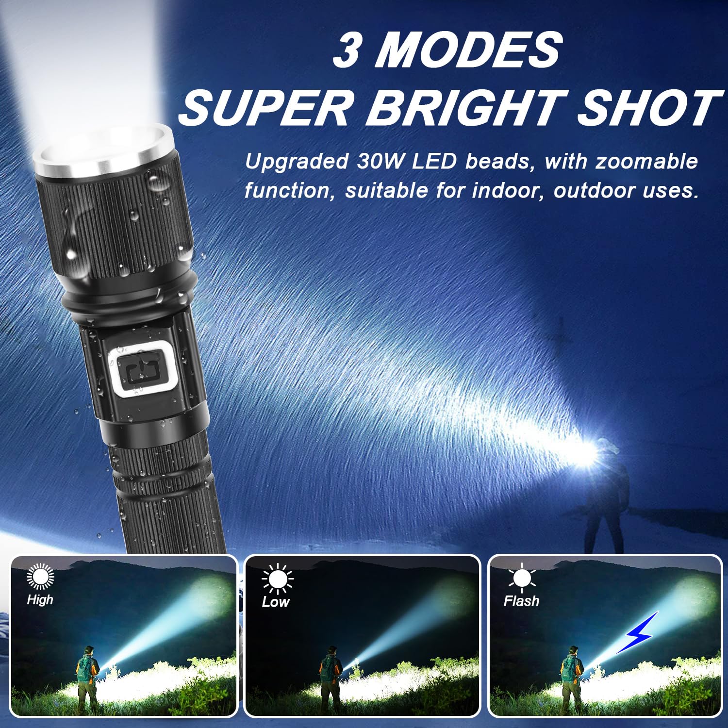 Flashlight Rechargeable With Lcd Display, 1300 High Lumens Flashlight Super Bright 30W Long Throw Highbeam Pocket Flashlights, 3
