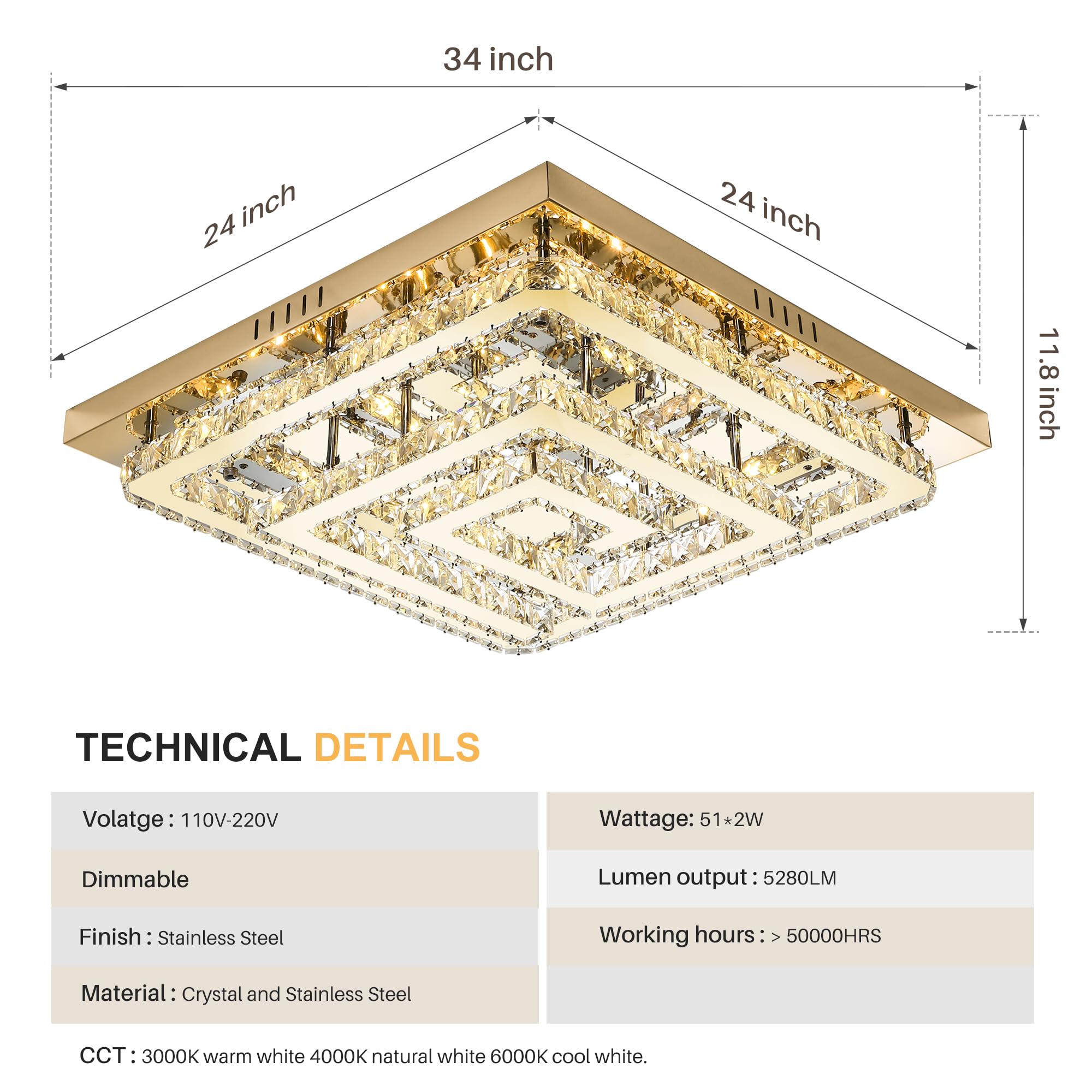 Miuyhji 34" Gold Crystal Chandelier - Modern LED Ceiling Light with Remote/App Control, 3 Color Temperatures, Adjustable Brightness