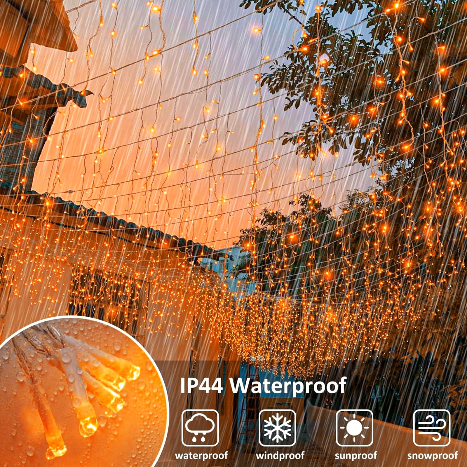 66Ft 640 Led Christmas Lights Outdoor, Icicle Lights For Outside With 8 Modes 120 Drops, Waterproof Plug In Curtain String Lights For Indoor House Yard Roof Party Holiday Decorations, Orange