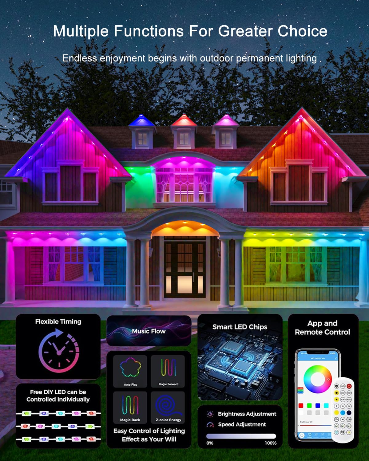 Morpholife 100FT Permanent Outdoor Lights - Smart AI RGB+IC LED, IP67 Waterproof, Alexa/Google Compatible, White