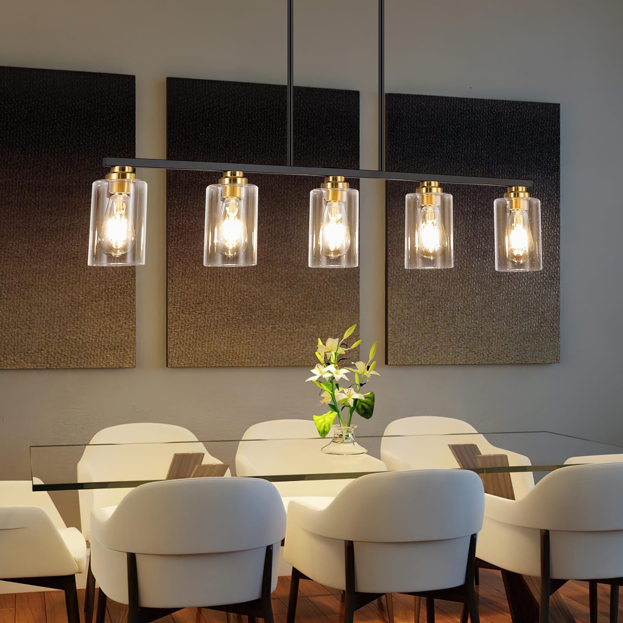 Mecgirn 5-Light Linear Chandelier Pendant - Black & Gold Metal Light Fixture for Kitchen Dining Room, Model D0017-5-BG