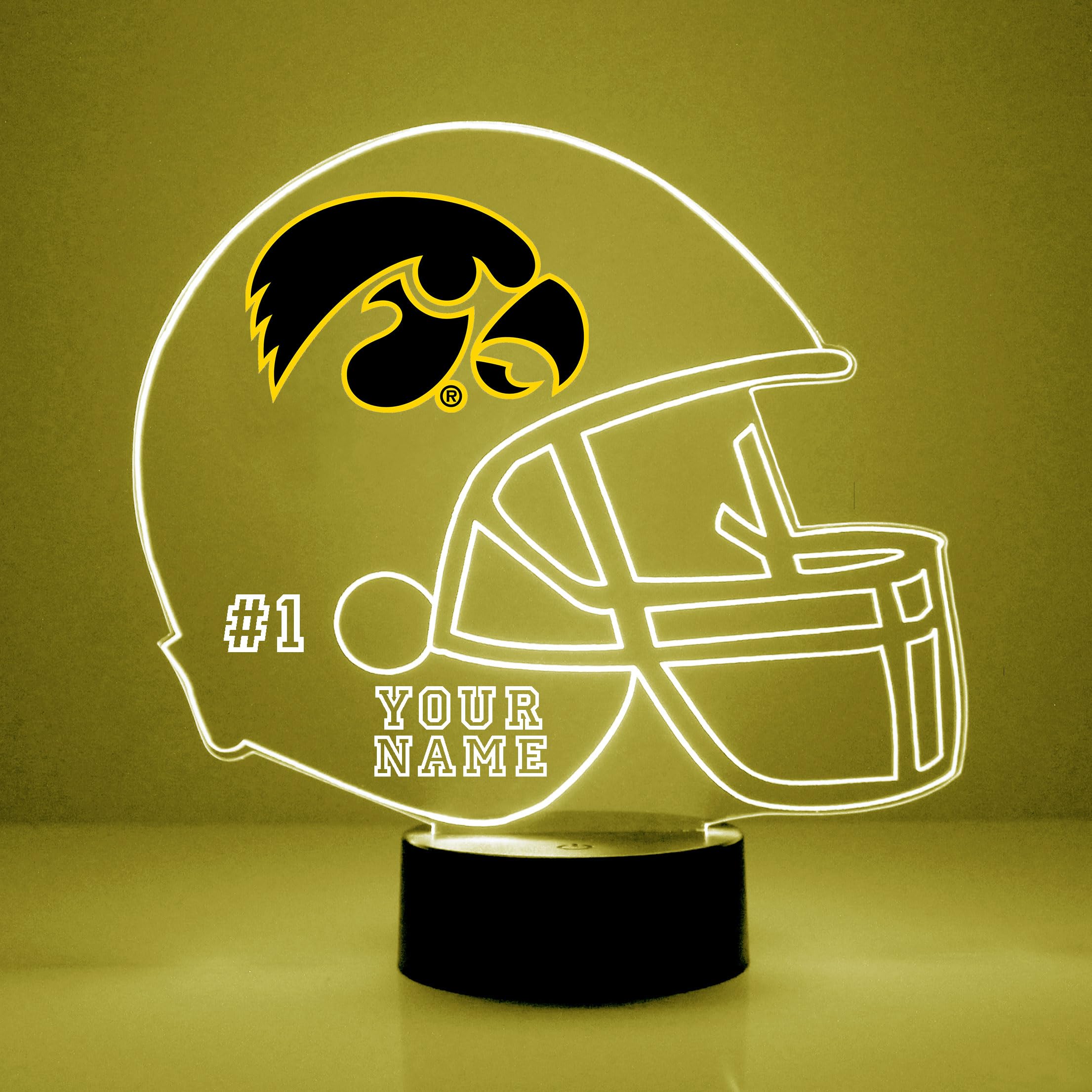 Custom University Of Iowa (Ui) Hawkeyes Football Helmet Led Sign Night Light Lamp With Remote  Personalized Name  Text  Officially Licensed From The Clc By Mirror Magic Gifts  Made In The Usa