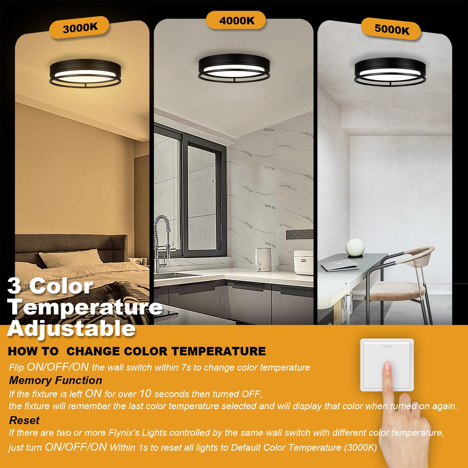 Flynix LED Flush Mount Ceiling Light 26W 1700 Lumens Dimmable 3 Color 3000K/4000K/5000K Black Model PL-LF132B