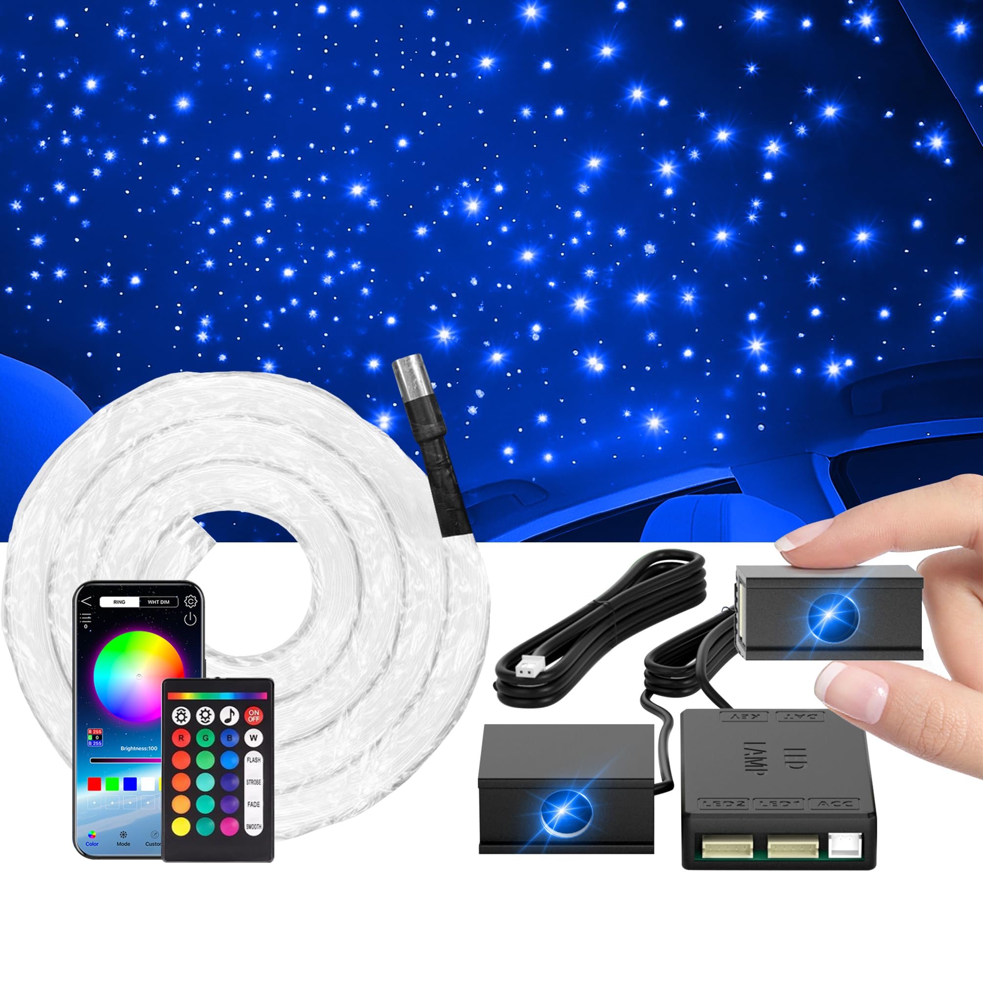 Split Starlight Headliner Kit - 600pcs 0.02in 4.9ft Fiber Optic RGBW Star Lights for Car with 2 Light Heads 16W Engine Easy to H
