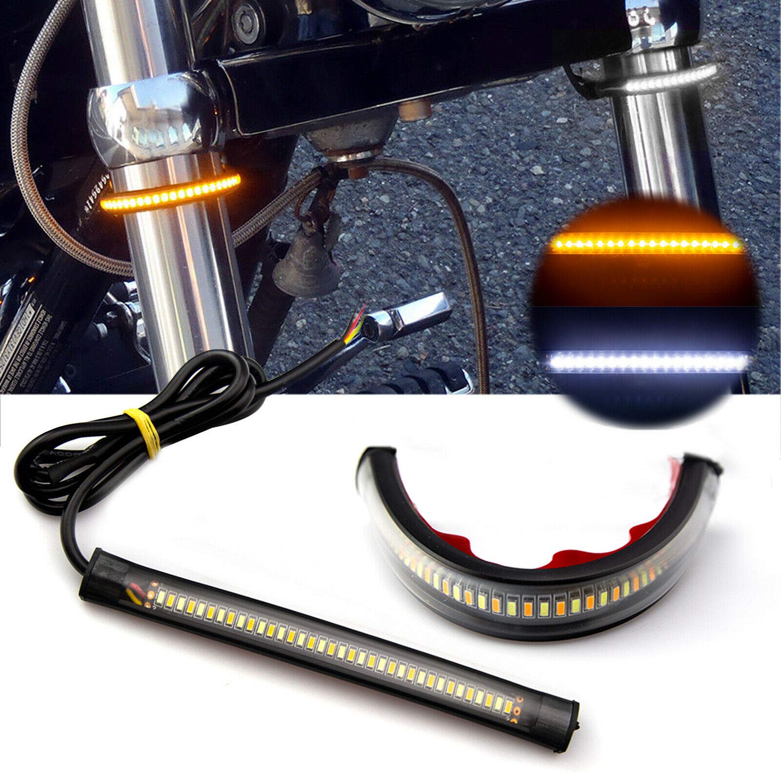 Xotic Tech Switchback Led Turn Signal Strip Light For Motorcycle With Fork Dual Color White/Amber Flexible Tube 36Smd