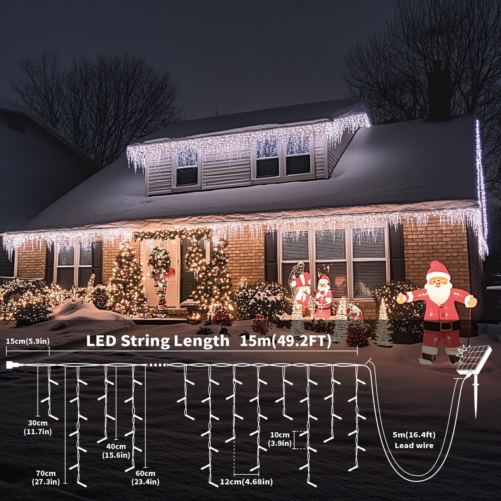 Solar Christmas Lights Outdoor Waterproof 50+16Ft 506 Led Icicle Lights For Outside With 2400Mah Connectable Rechargeable Dimmab