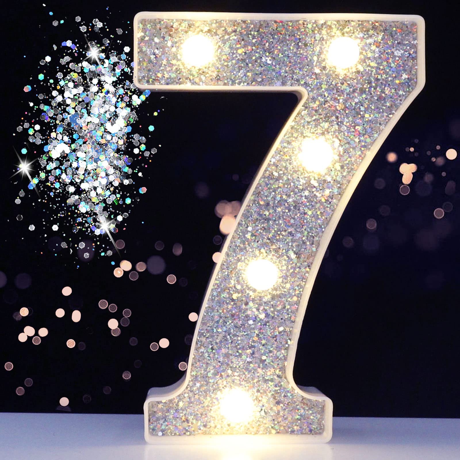 Pooqla Silver Number 7 Marquee Lights, Glitter Battery-Powered Night Light for Parties and Weddings