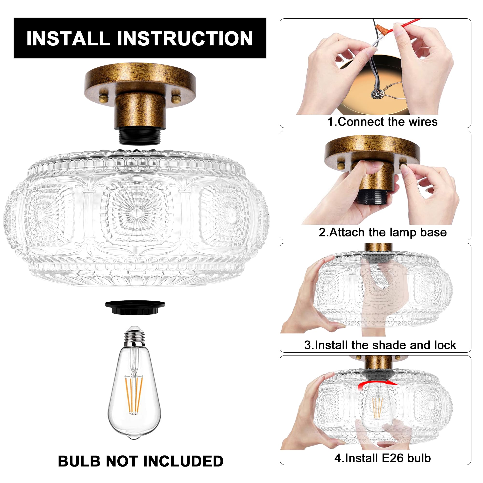 OYKYOHEI Semi Flush Mount Ceiling Light, Antique Bronze Glass, 11.03 inch, Vintage Style for Hallway, Kitchen, Bedroom, Dining Room