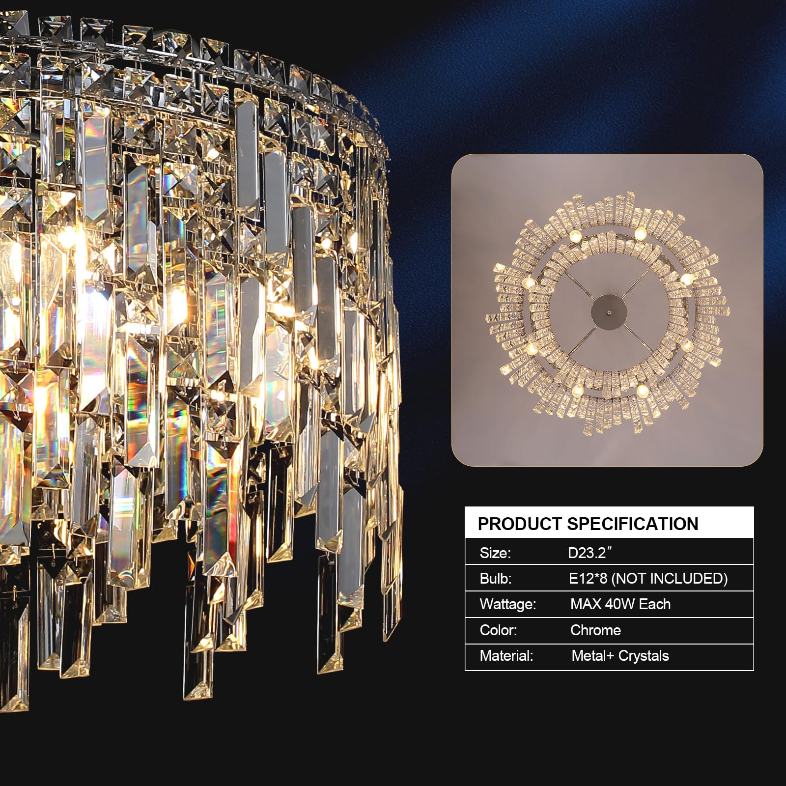 A AXILIXI 24" Crystal Chandelier, 8-Light Modern Pendant Light for Dining Room, Chrome Finish, Model DH7806-600