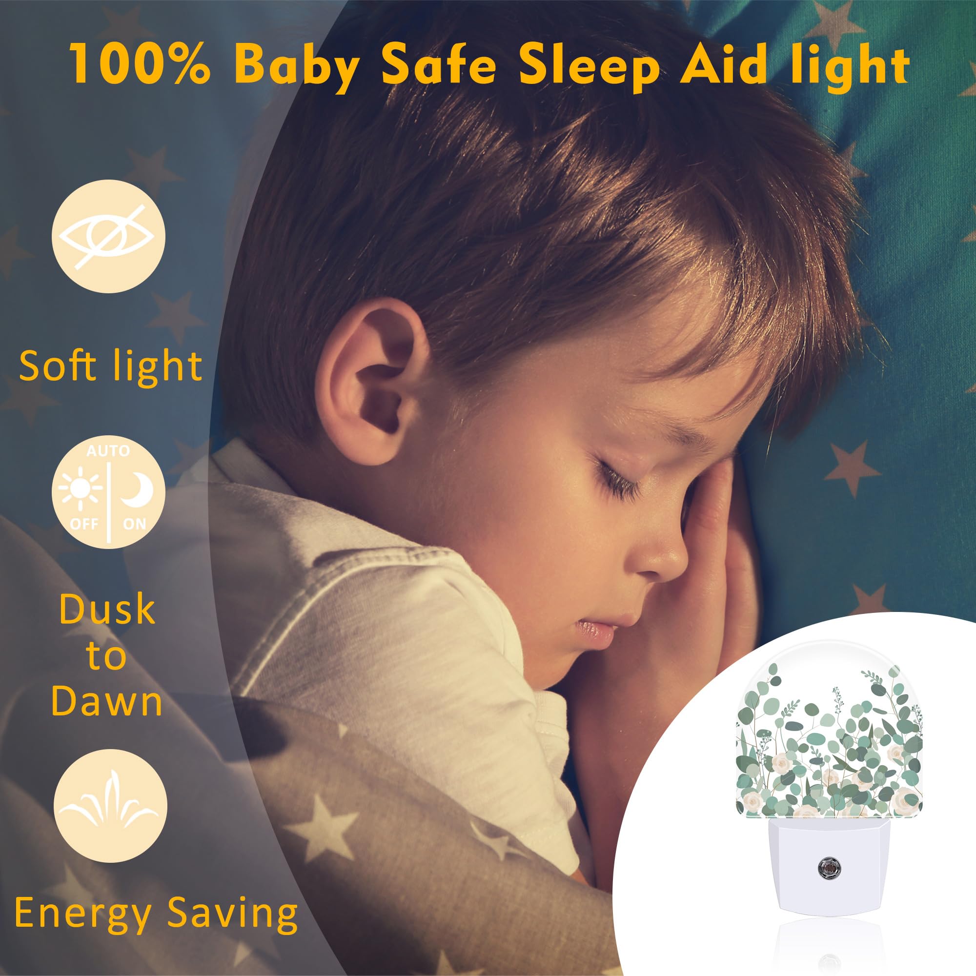 Green Eucalyptus And Rose Flowers Night Light For Kids,Watercolor Botanical Floral Leaves Night Light Plug In With Dusk To Dawn