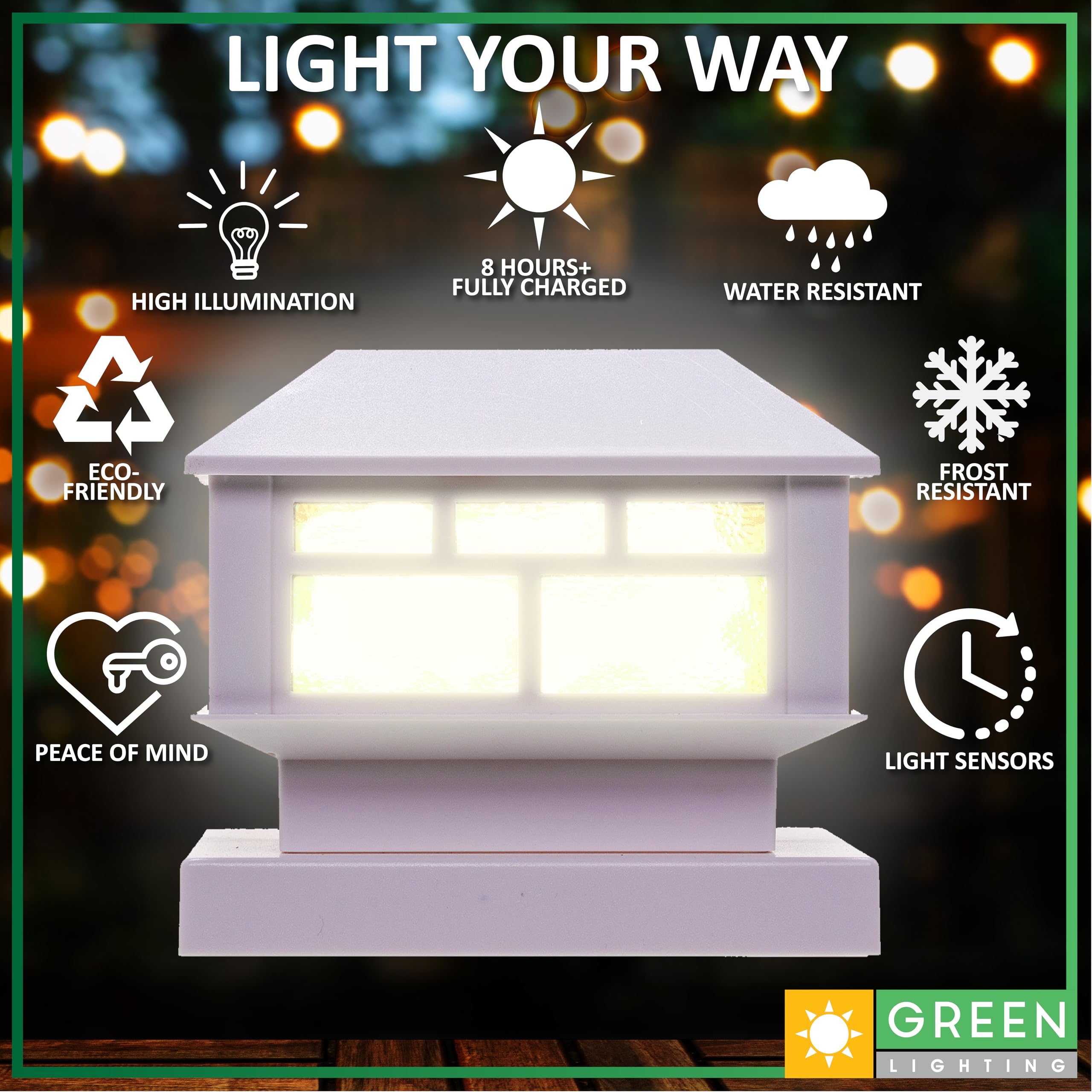GreenLighting Solar Post Cap Lights - Waterproof White, 8 Pack, Fits 4x4 & 5x5 PVC/Vinyl, Bright LED for Deck & Garden