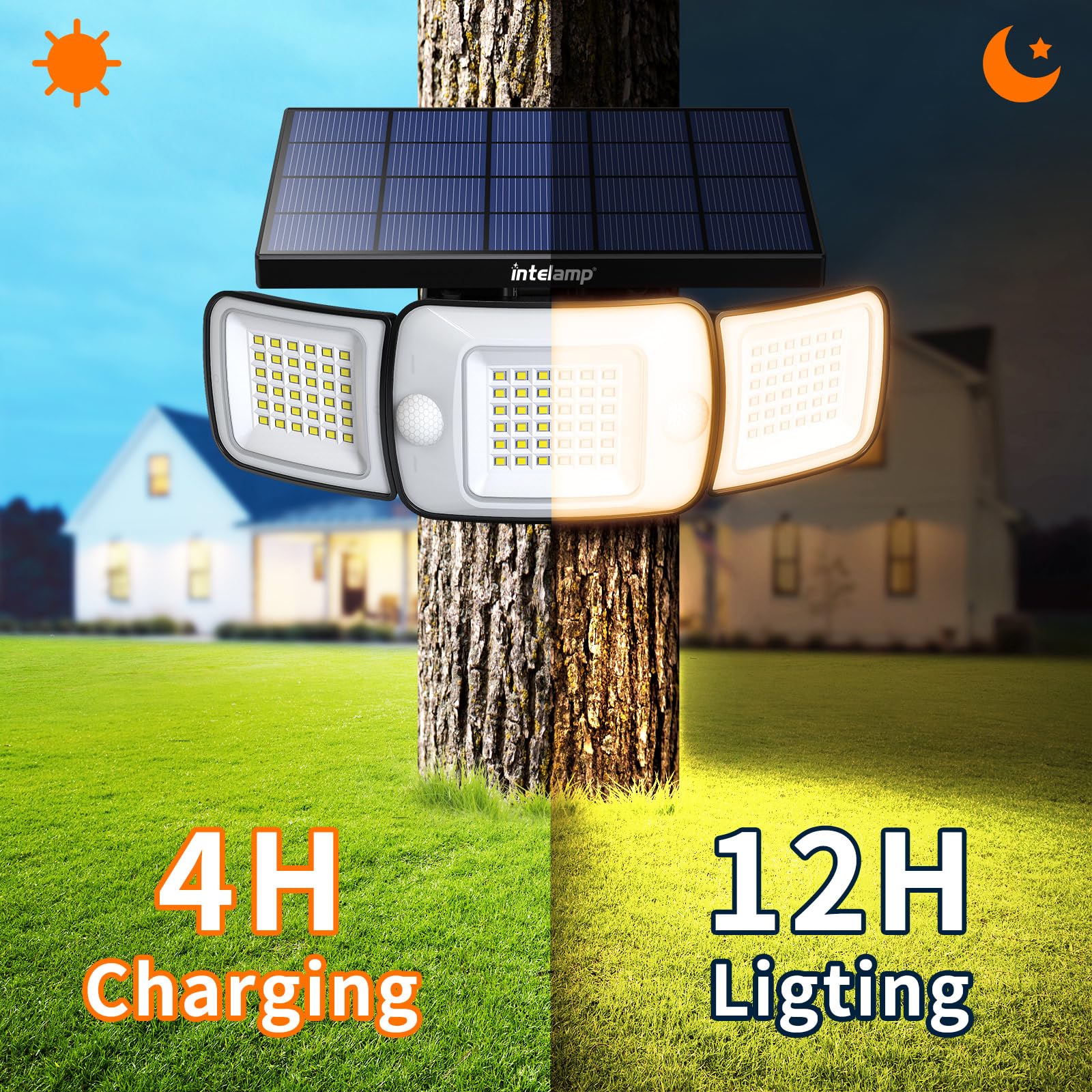 intelamp Solar Flood Light - 6000mAh, 1200LM, Dual Motion Sensor, Warm Light, Waterproof, Black, Model YL002-12C