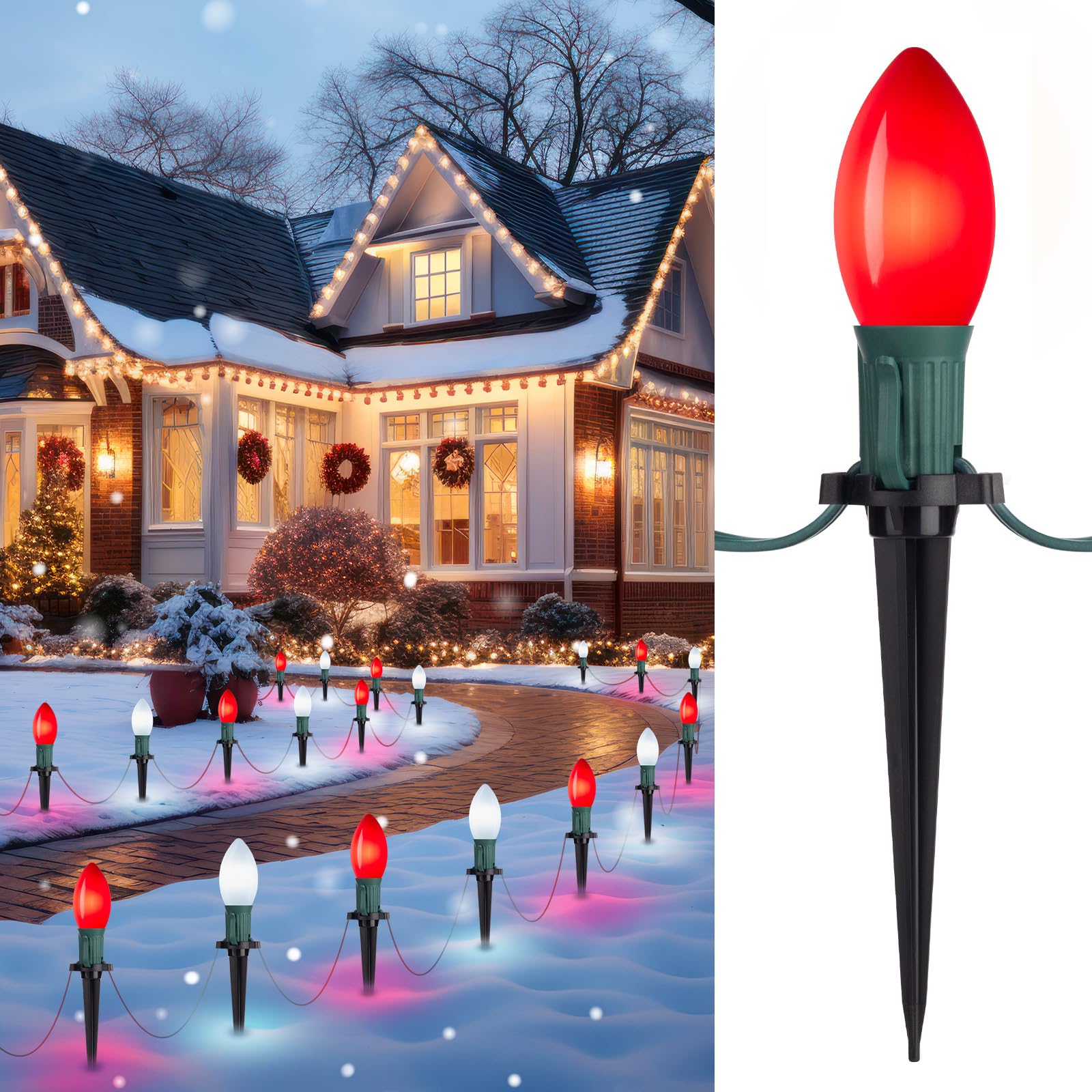 Brightown C9 Christmas Lights, 20 LED Bulbs, 25.7 Ft Connectable Outdoor Pathway Decorations, Red and White, Model GY-C-50.6-U-B1