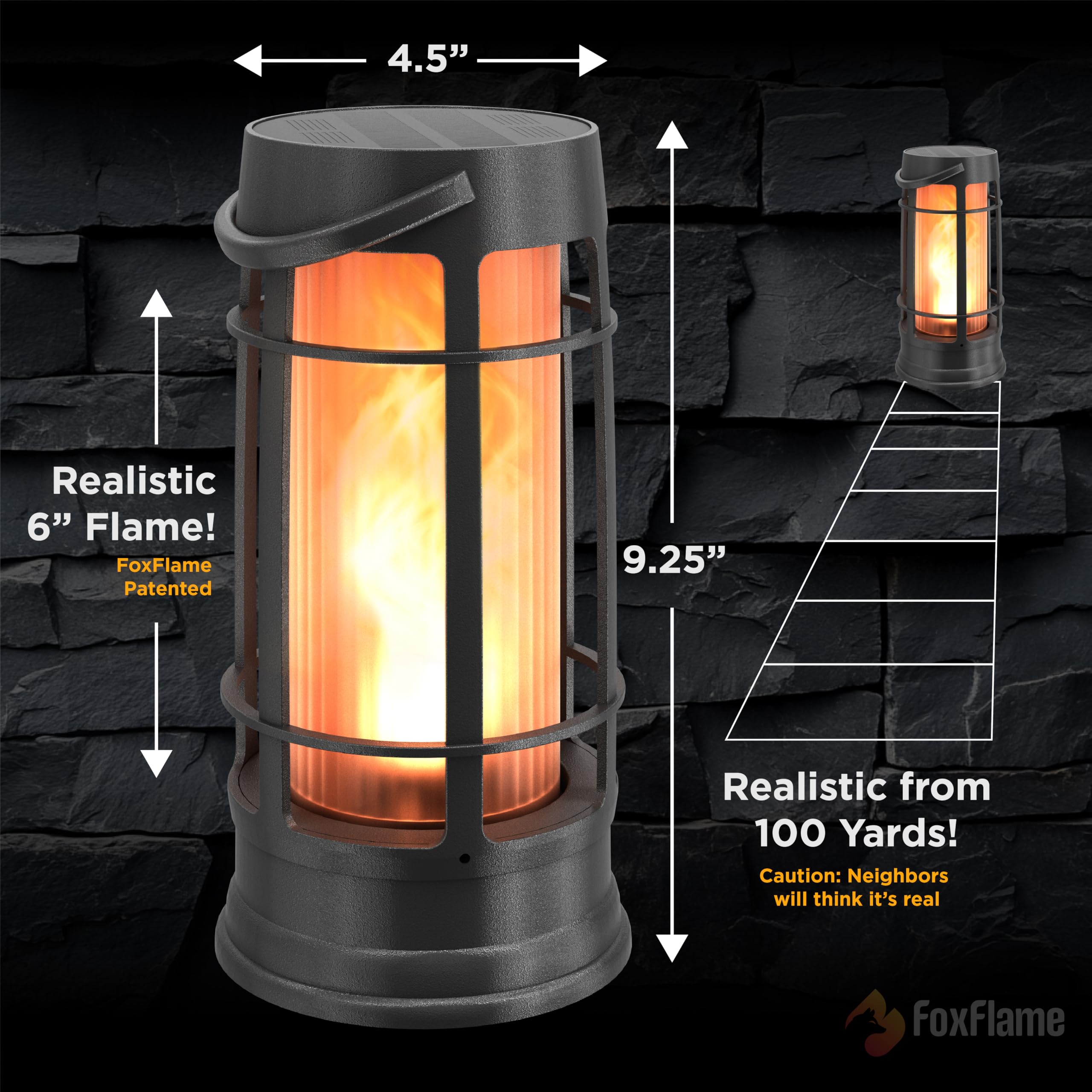 FOXFLAME Metal Outdoor Solar Lantern, Waterproof Flickering LED, Matte Black, 1 Pack, Model FFMDL1