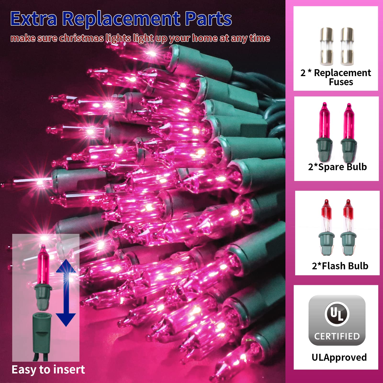 Twinglehome Ultra-Bright Connects End To End Pink Christmas Mini Lights 100L 19.6Ft Ul Listed Incandescent Bulb String Light Set For Indoor Outdoor Holiday Garden Party Christmas Tree Garland Decor