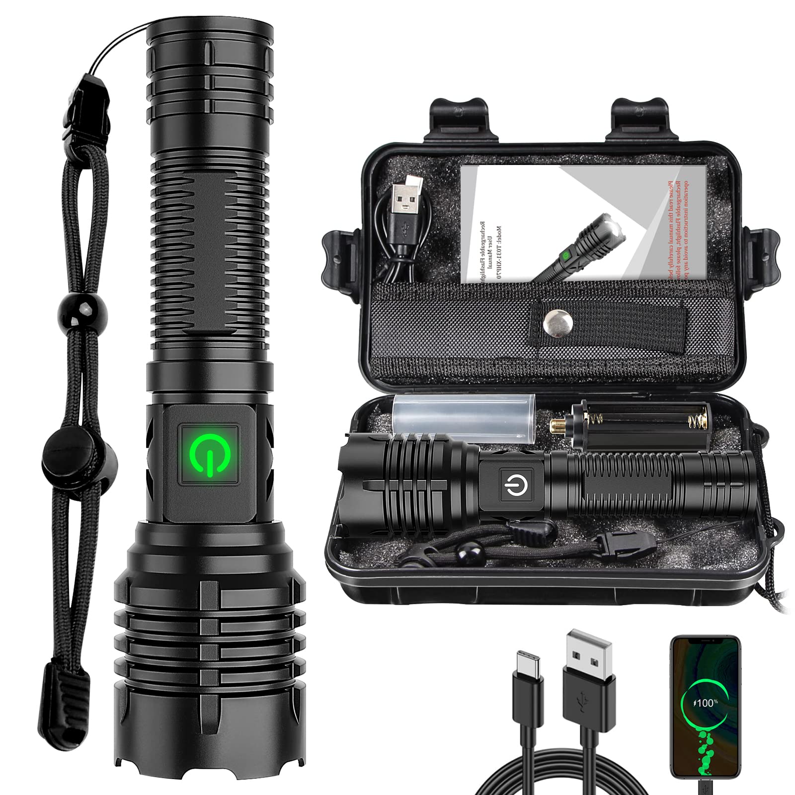 Banral High Lumens Rechargeable Flashlight XHP70.2, 5 Modes, Zoomable, IPX6 Waterproof, Model T031, Aluminum, T031-1 Pack
