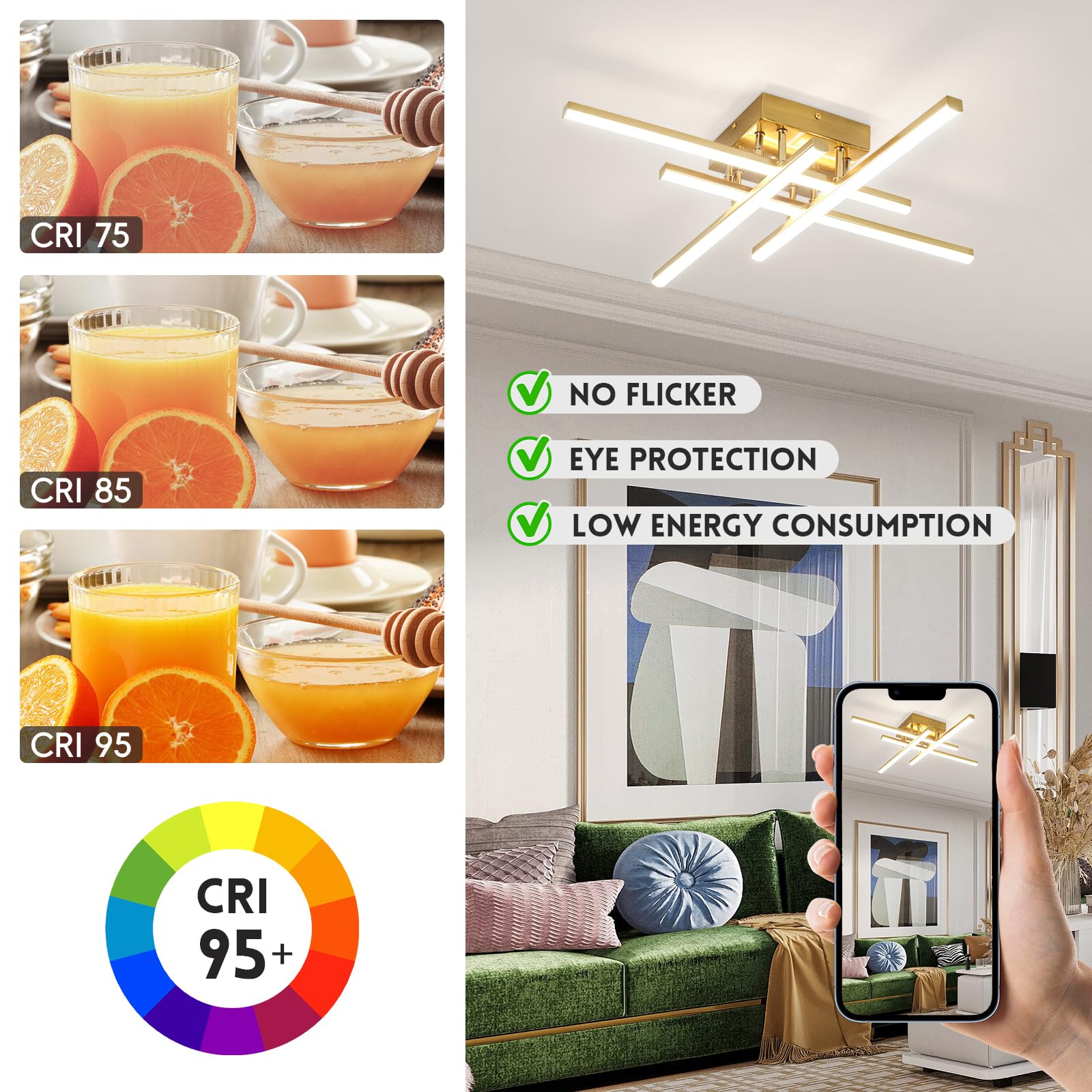 Caneoe Modern Ceiling Light Fixture, Gold Dimmable Close To Ceiling Light With Remote Control,Sputnik Flush Mount Ceiling Lamp F
