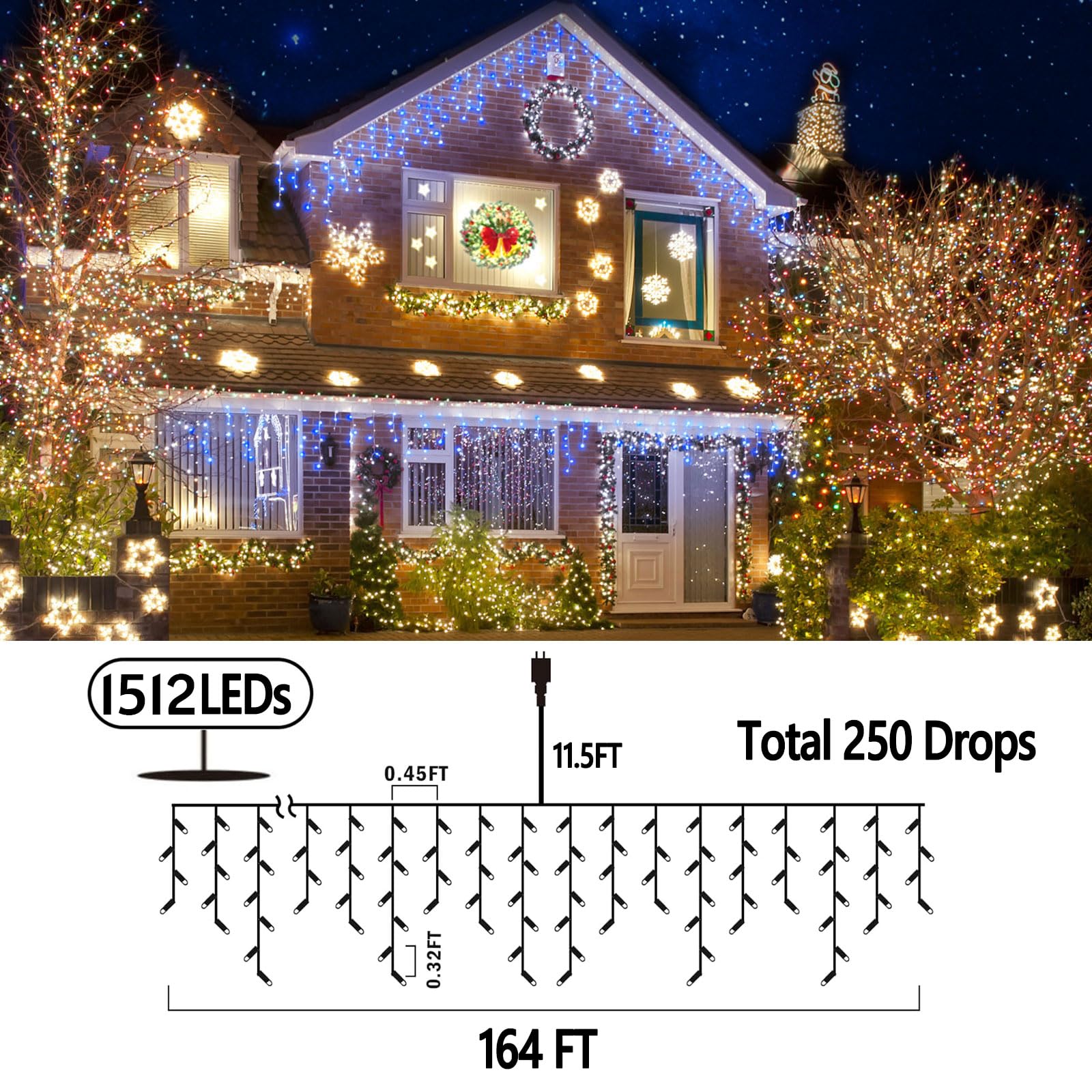 Jeayydsi 164Ft Christmas Lights Outdoor Decorations 1512Led Fairy String Light 12 Lighting Modes With Timer Memory Waterproof Christmas Light For Yard Roof Party Holiday Wedding Garden Decor