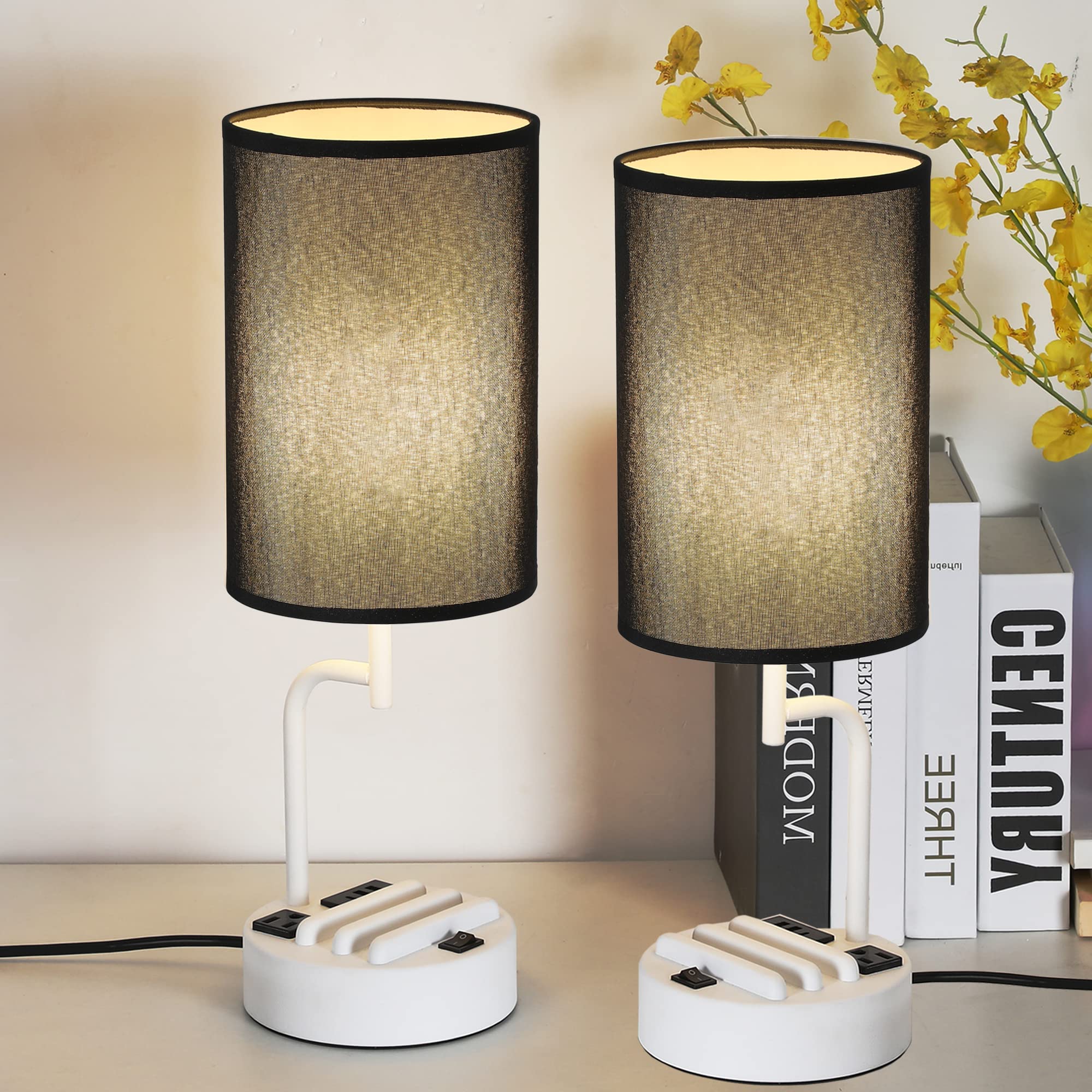 Dreamholder Table Lamp - Modern Desk Lamp with 3 USB Ports, AC Outlet, Phone Stands, Pack of 2, Black & White