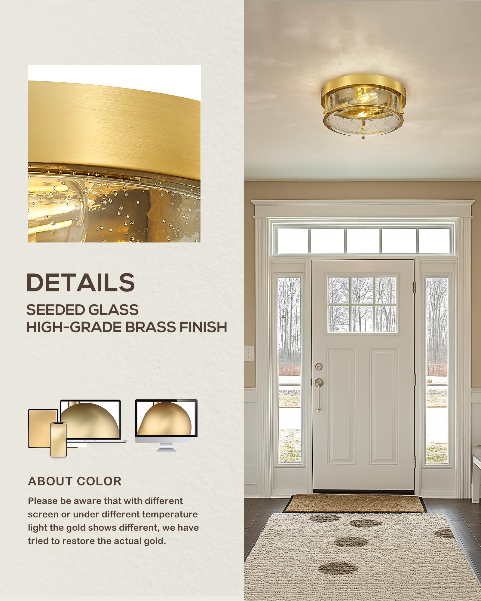 FEMILA 12in Ceiling Light Fixture, 2-Light Flush Mount, Brass Gold Finish, Seeded Glass, Model 4FTJ22-F BG