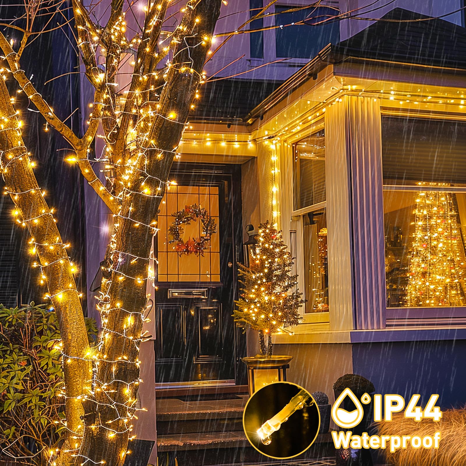 POTIVE 168ft 600 LED Warm White Christmas String Lights, Waterproof, 8 Modes, Outdoor Decoration, Model EXS-S-0100