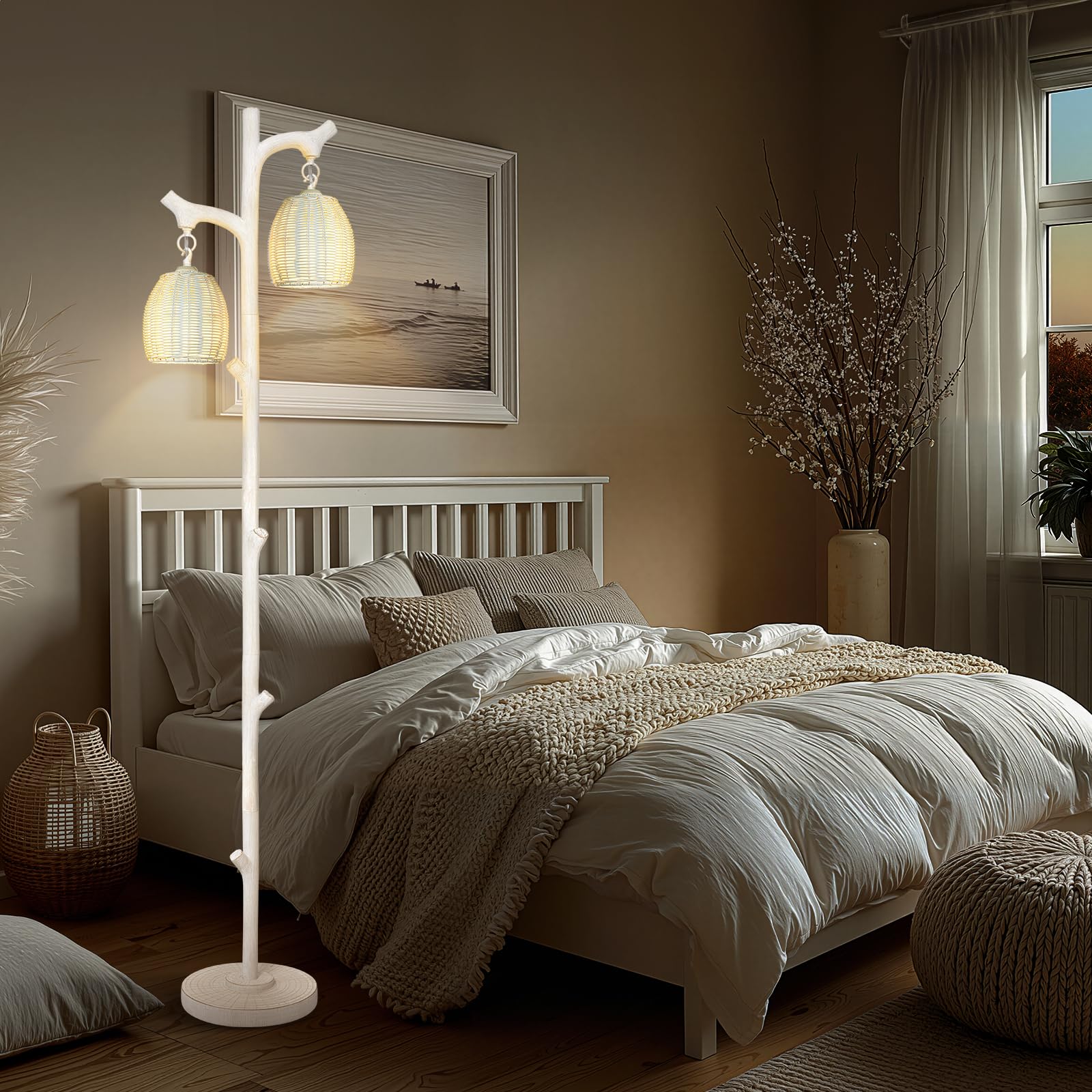 Scenekoy Rustic 68    Tall Floor Lamp With Rattan Shade, Retro Standing Lamp Tree Trunk Washed White Finish & Resin Body, Dimmab