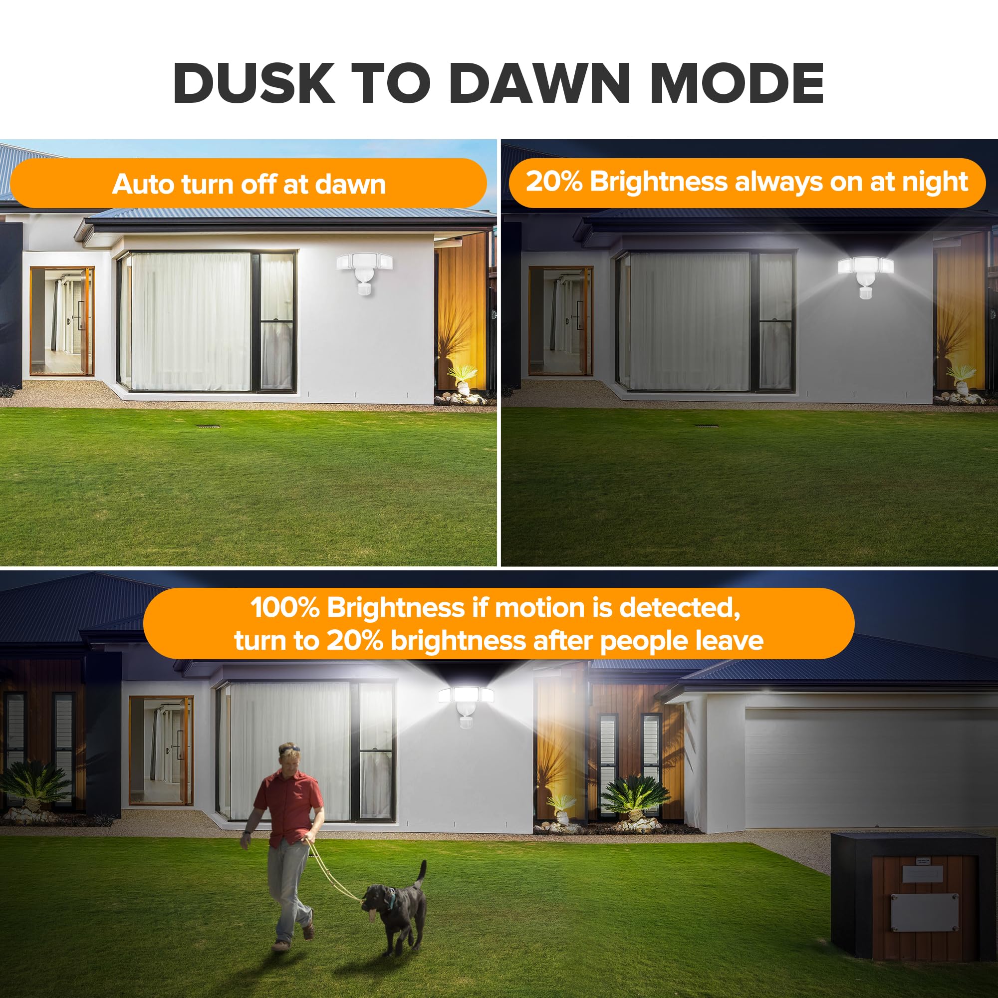 UME LED Security Light 49W 5500LM Motion Sensor, IP65 Waterproof, 3 Head, Dusk to Dawn, 5000K Daylight, White, Model 763281105