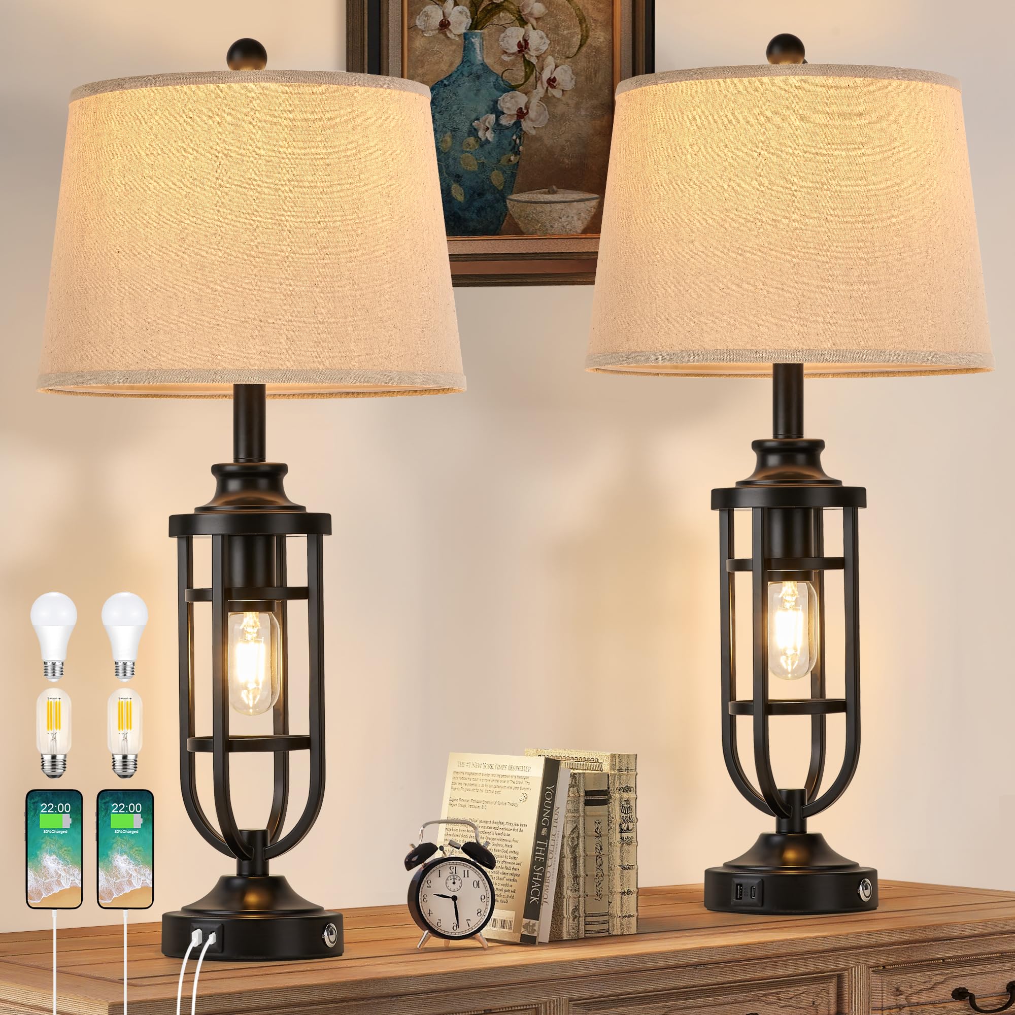 SRJJRS 28'' Black Table Lamps for Living Room Set of 2, Farmhouse Lamps for Nightstand with USB A+C, Rustic Bedside Lamps for Be