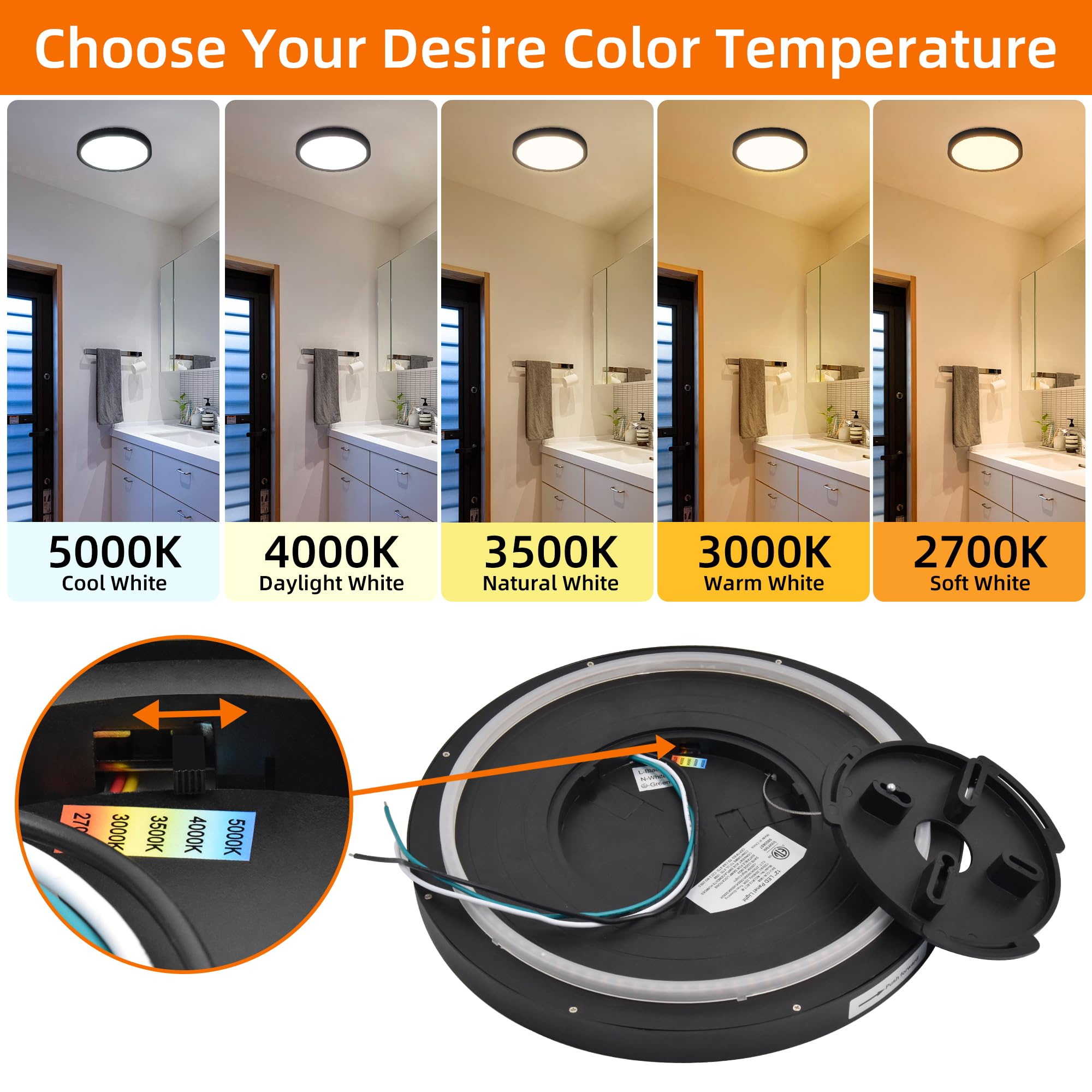 Hlite 12 Inch Flush Mount Led Ceiling Light With Night Light, 24W, 2400Lm, 3000K/4000K/5000K Selectable, Flat Lights For Ceiling, Dimmable Led Ceiling Light For Bedroom, Kitchen, Black(1Pack)