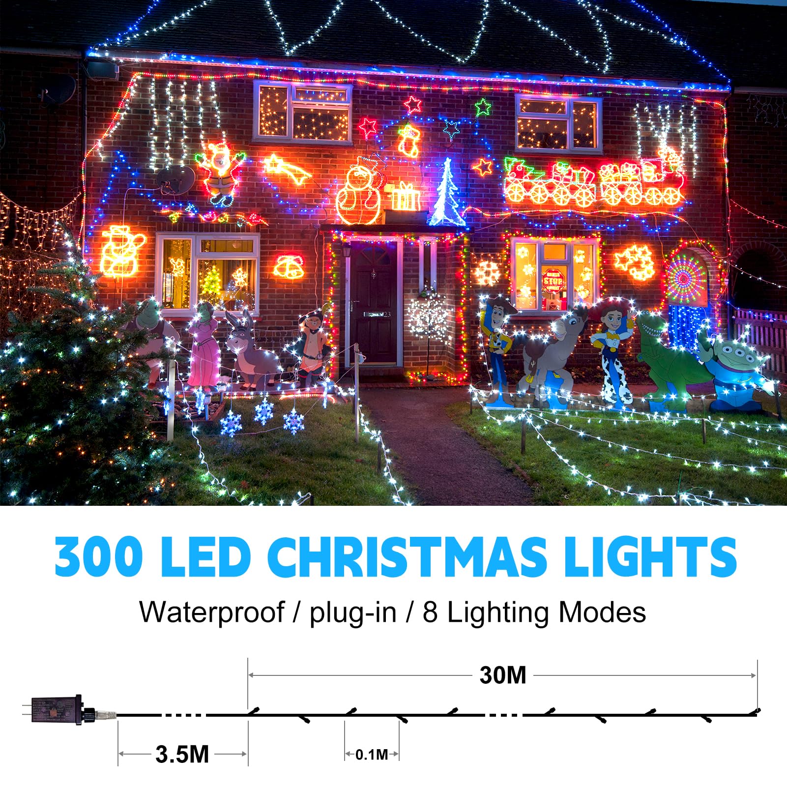 FLVOECN Outdoor Fairy Lights, Waterproof String Lights, 98Ft 300 LED, Cool White, 8 Modes Timer, Model YQS-200L